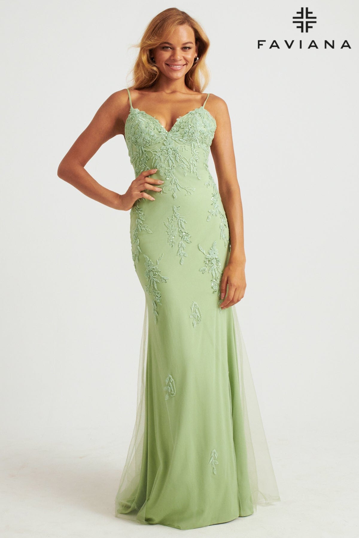 Sage Green Beaded Lace Long V Neck Dress With Open Back | Faviana Sage Green Beaded Lace Long V Neck Dress With Open Back | Faviana