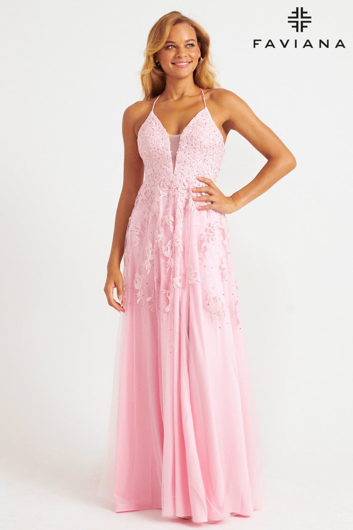 Long Lace Deep V Neck Dress With Lace Up Back | Faviana Long Lace Deep V Neck Dress With Lace Up Back | Faviana