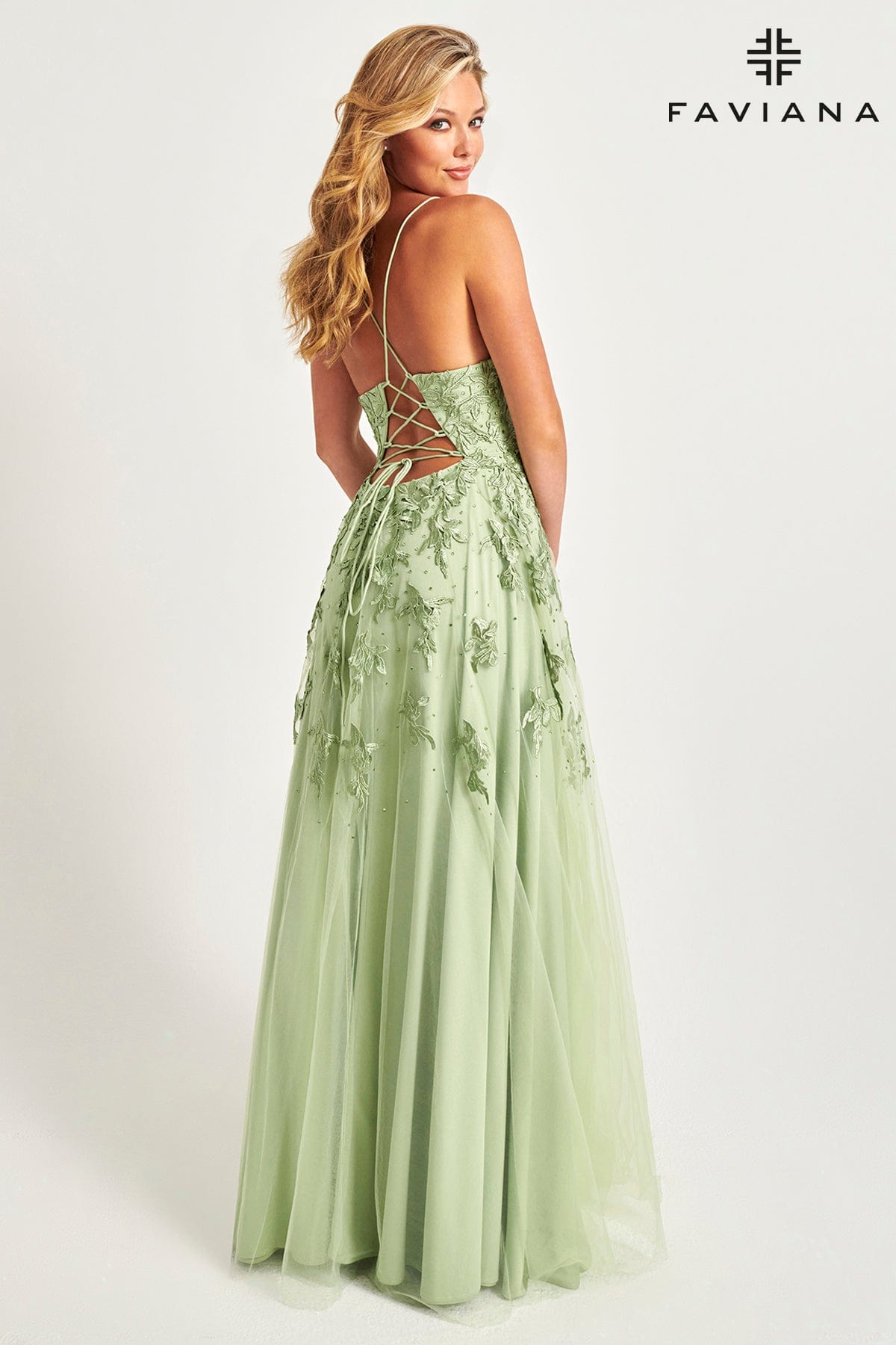 Sage Green Long Lace Deep V Neck Dress With Lace Up Back
