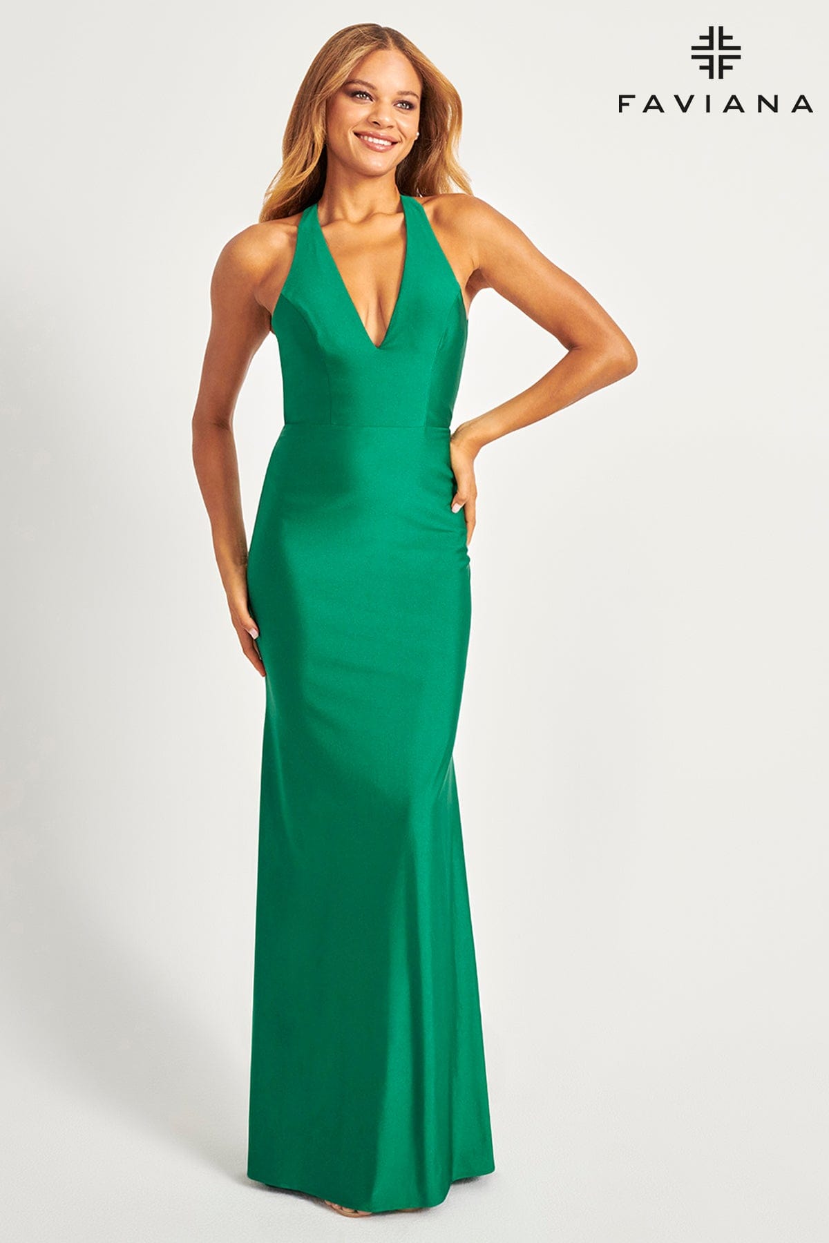 Emerald Tight Long V Neckline Dress With Halter Neck And Open Back | Faviana Emerald Tight Long V Neckline Dress With Halter Neck And Open Back | Faviana