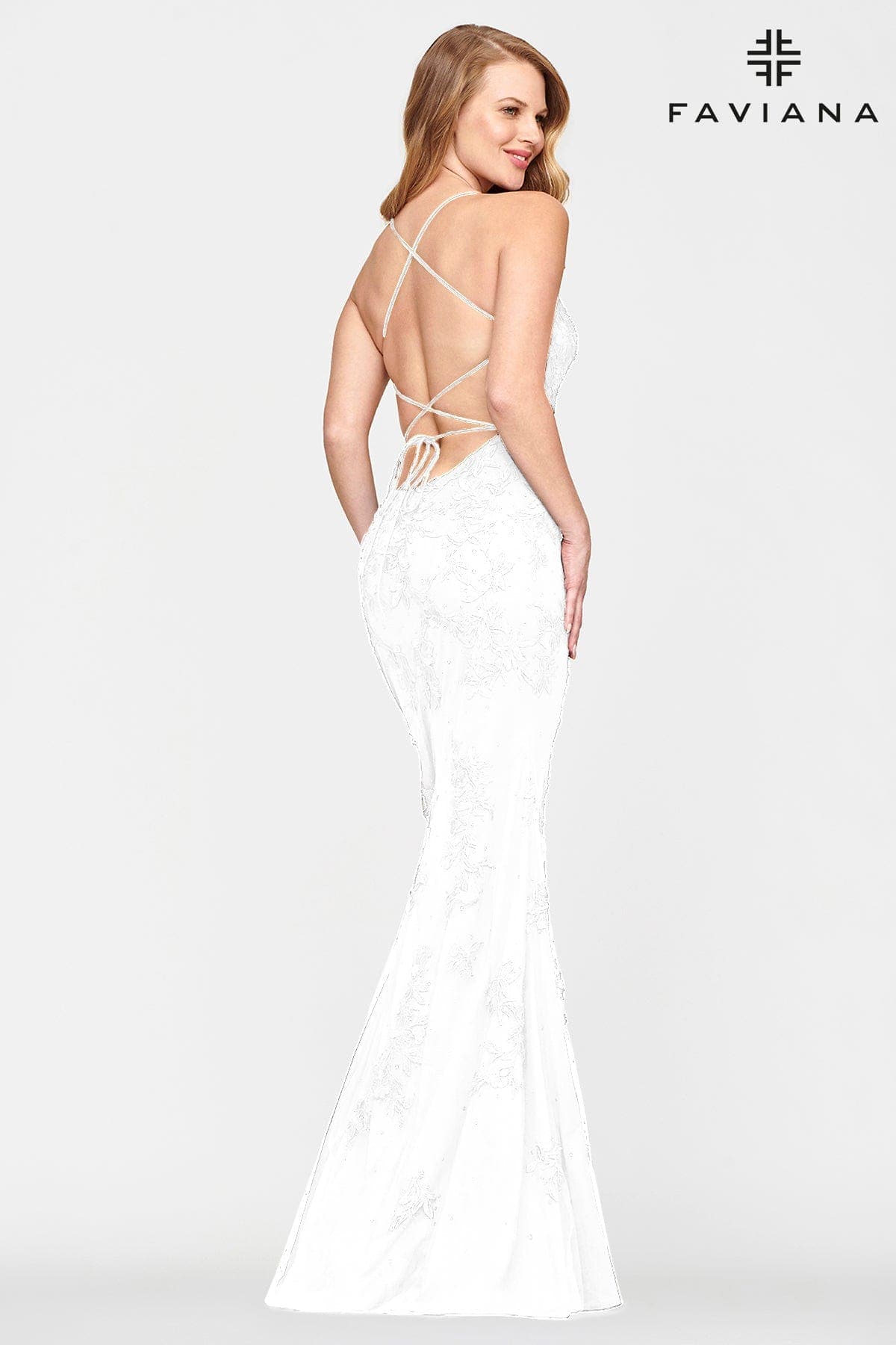 White Long Lace Scoop Neck Dress With Lace Up Back | Faviana White Long Lace Scoop Neck Dress With Lace Up Back | Faviana