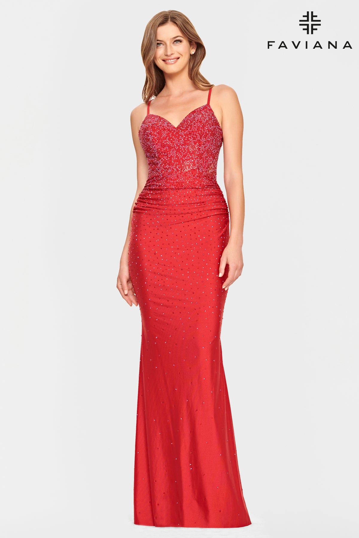 Red V Neck Dress With Corset Back And Rhinestone Beading | Faviana Red V Neck Dress With Corset Back And Rhinestone Beading | Faviana
