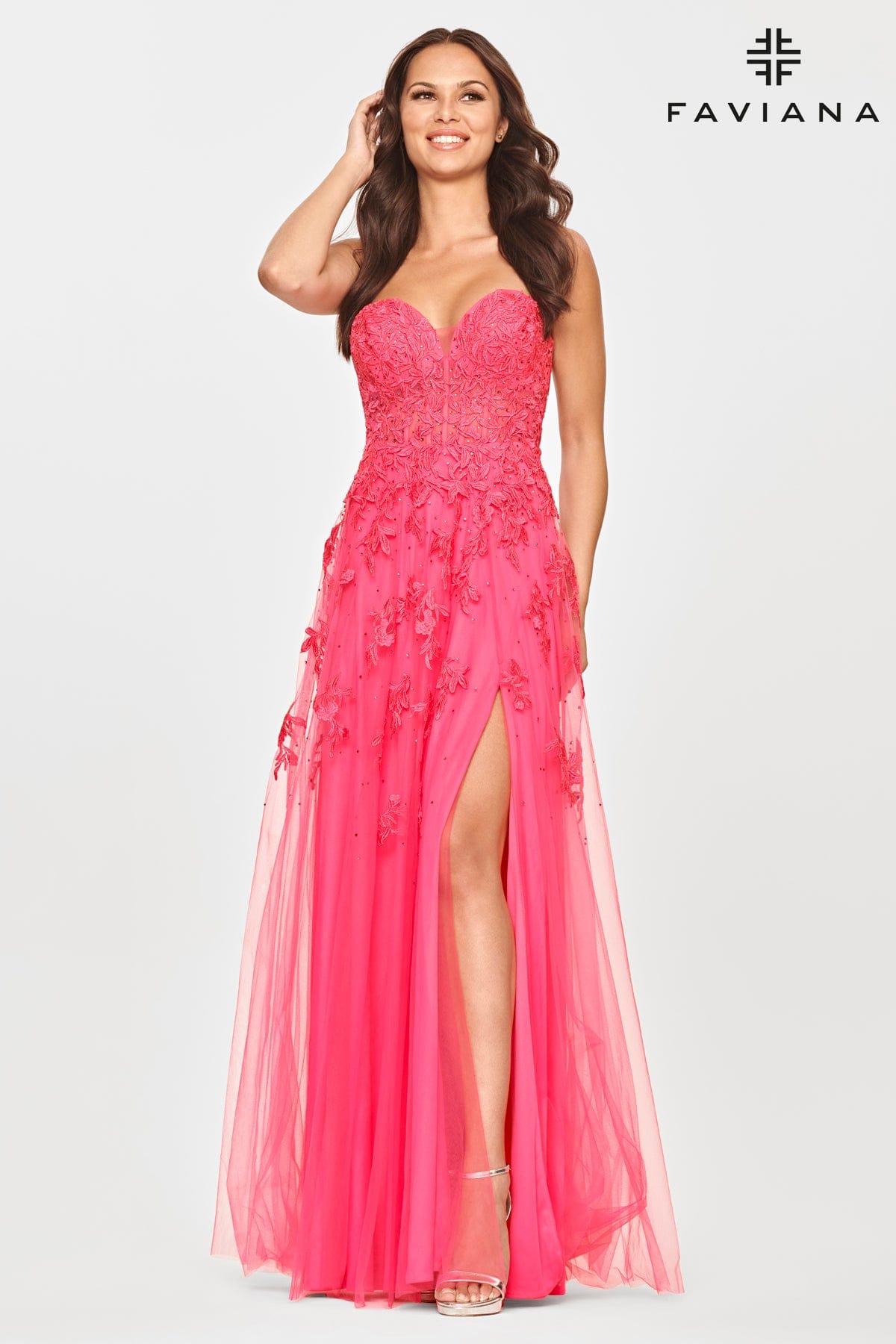 Hot Pink Long Tulle Prom Dress With Corset Bodice And Lace Applique