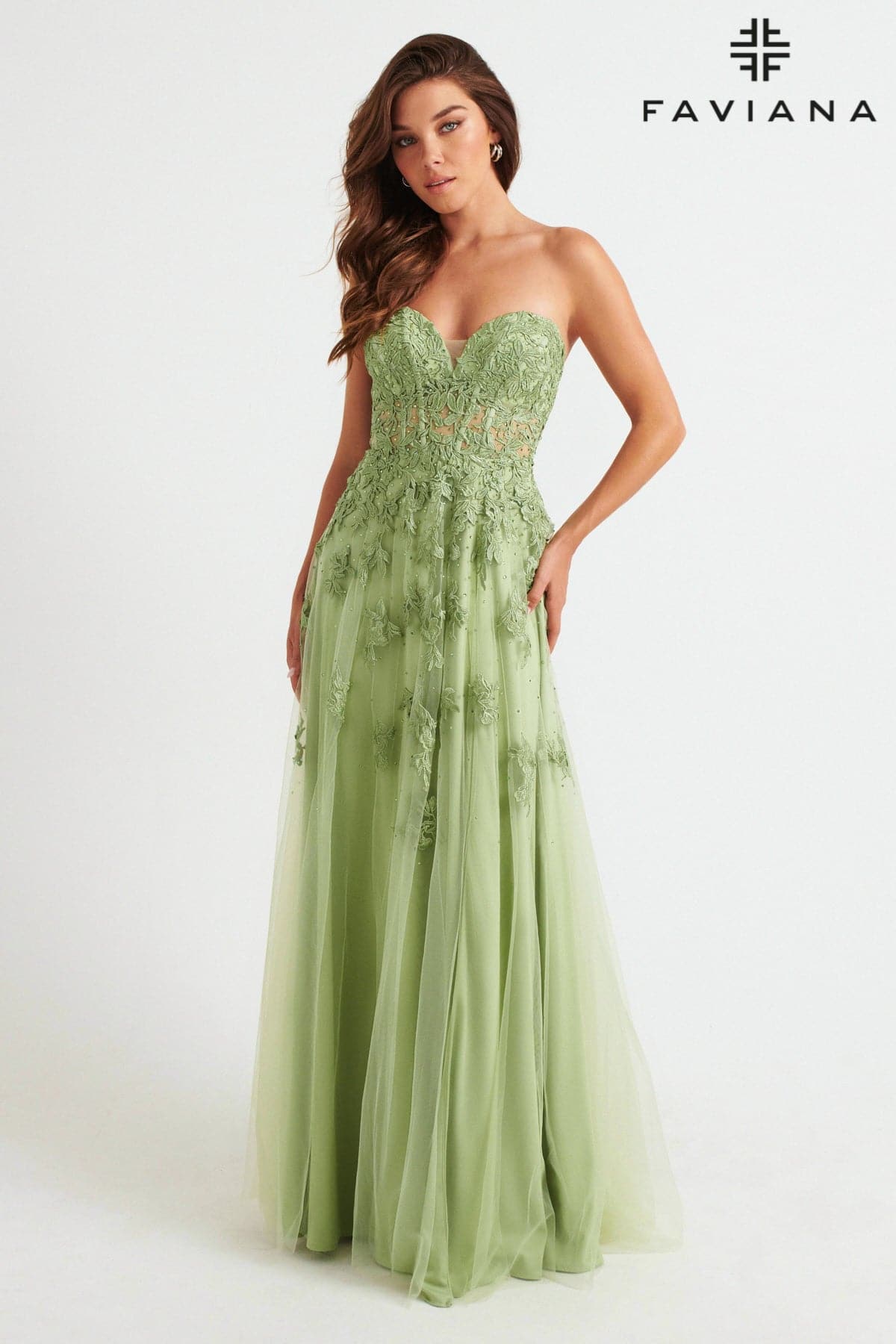 Long Tulle Prom Dress With Corset Bodice And Lace Applique | Faviana Long Tulle Prom Dress With Corset Bodice And Lace Applique | Faviana