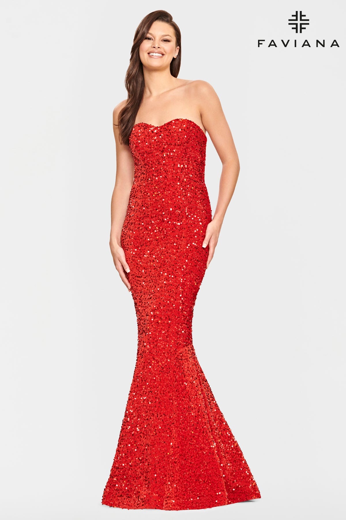 Red Long Velvet Sequin Strapless Dress With Mermaid Skirt | Faviana Red Long Velvet Sequin Strapless Dress With Mermaid Skirt | Faviana