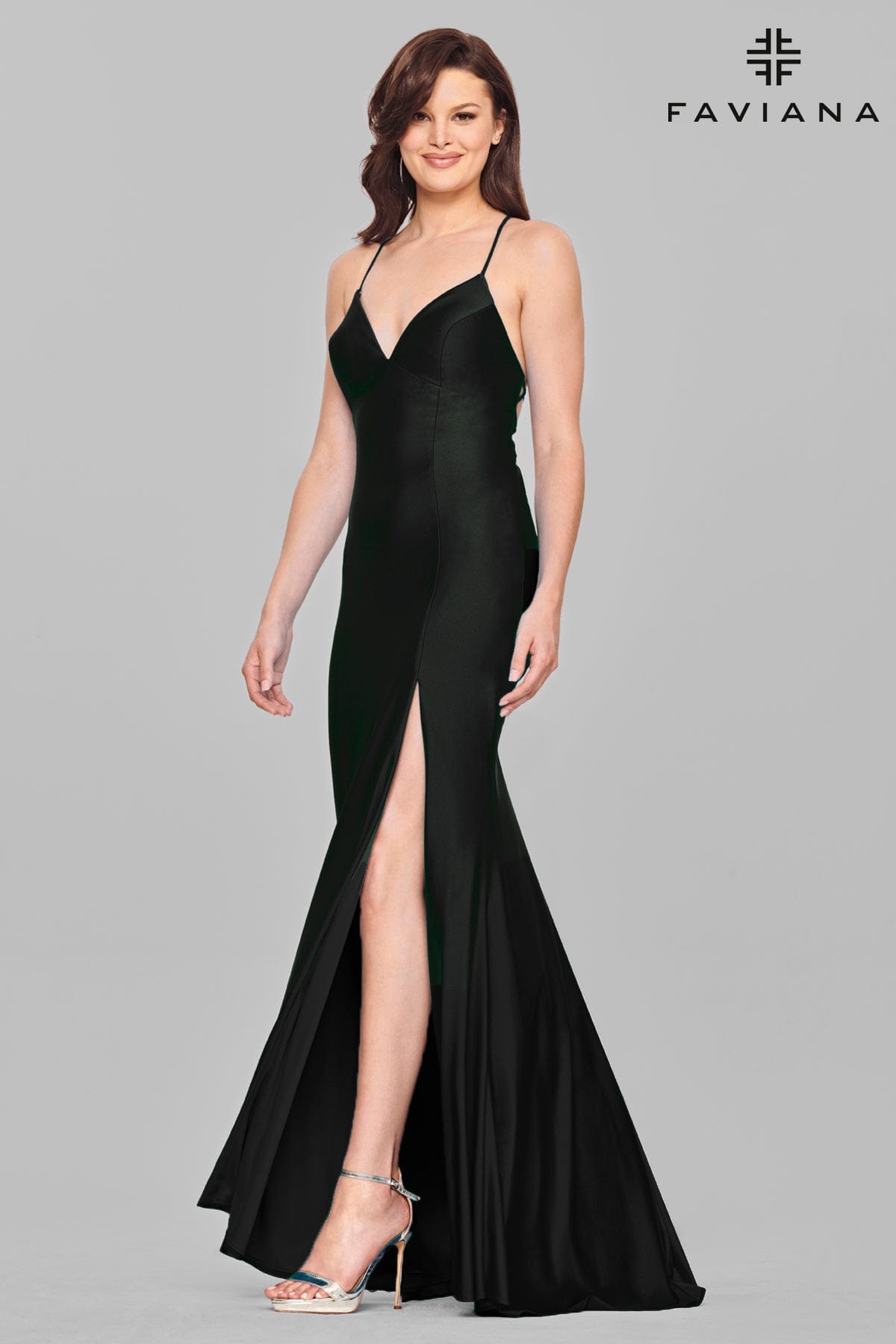 Black V Neckline Prom Dress With Stretch Fabric And Corset Back | Faviana Black V Neckline Prom Dress With Stretch Fabric And Corset Back | Faviana