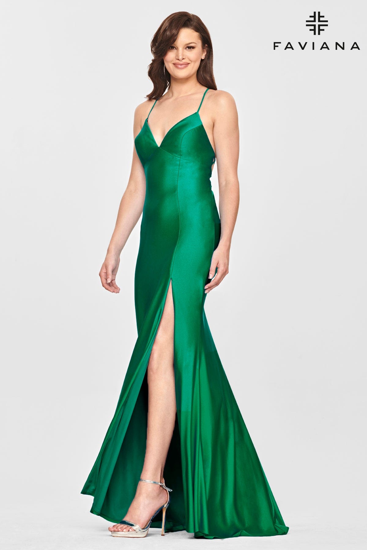 Dark Emerald V Neckline Prom Dress With Stretch Fabric And Corset Back | Faviana Dark Emerald V Neckline Prom Dress With Stretch Fabric And Corset Back | Faviana