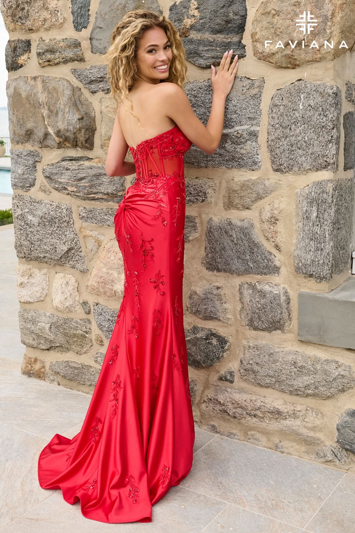 Red Beaded Appliqué Satin Strapless Corset Dress With Knot Back Detail | 11639 Red Beaded Appliqué Satin Strapless Corset Dress With Knot Back Detail | 11639
