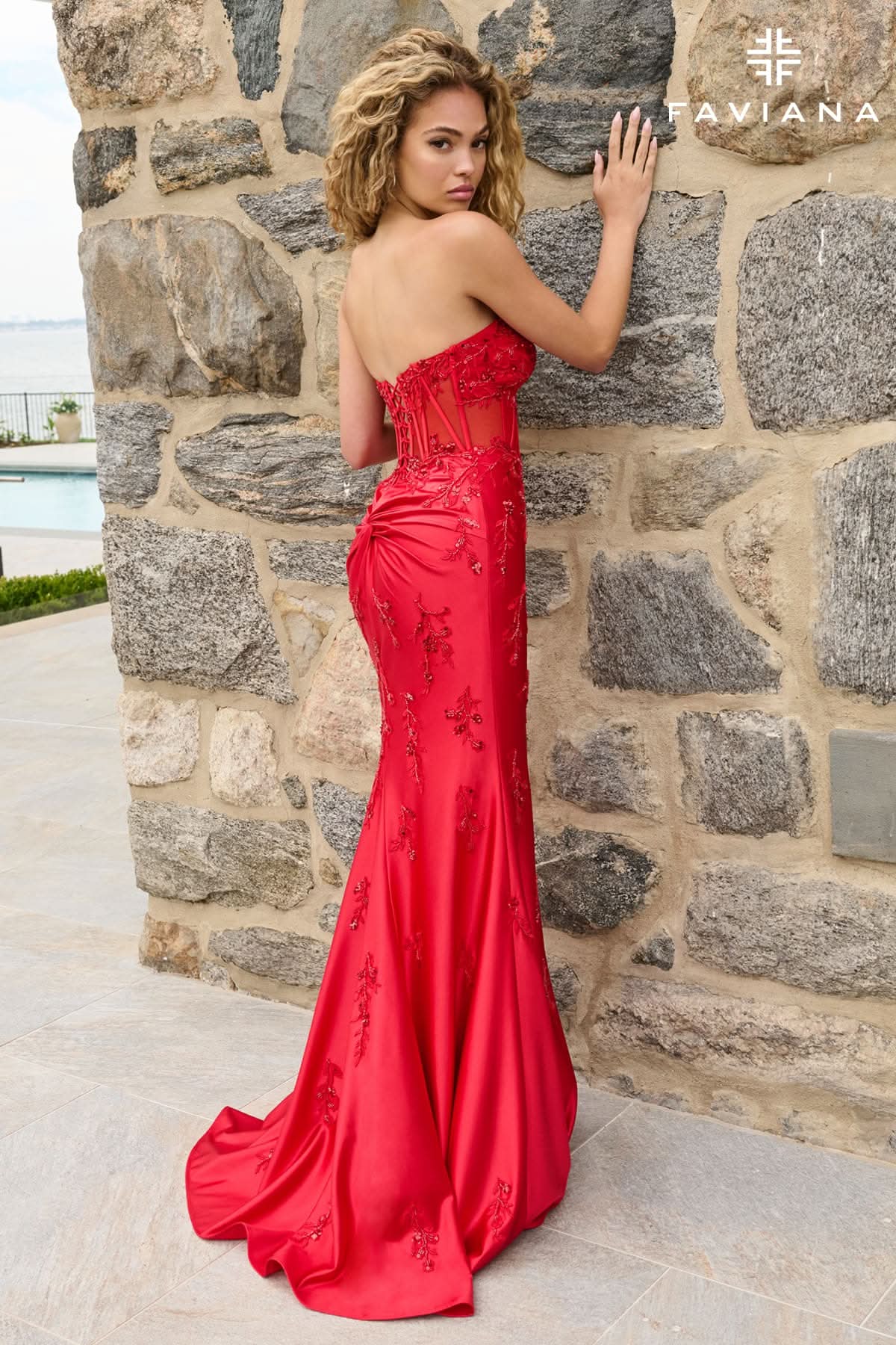 Cherry Beaded Appliqué Satin Strapless Corset Dress With Knot Back Detail | 11639 Cherry Beaded Appliqué Satin Strapless Corset Dress With Knot Back Detail | 11639