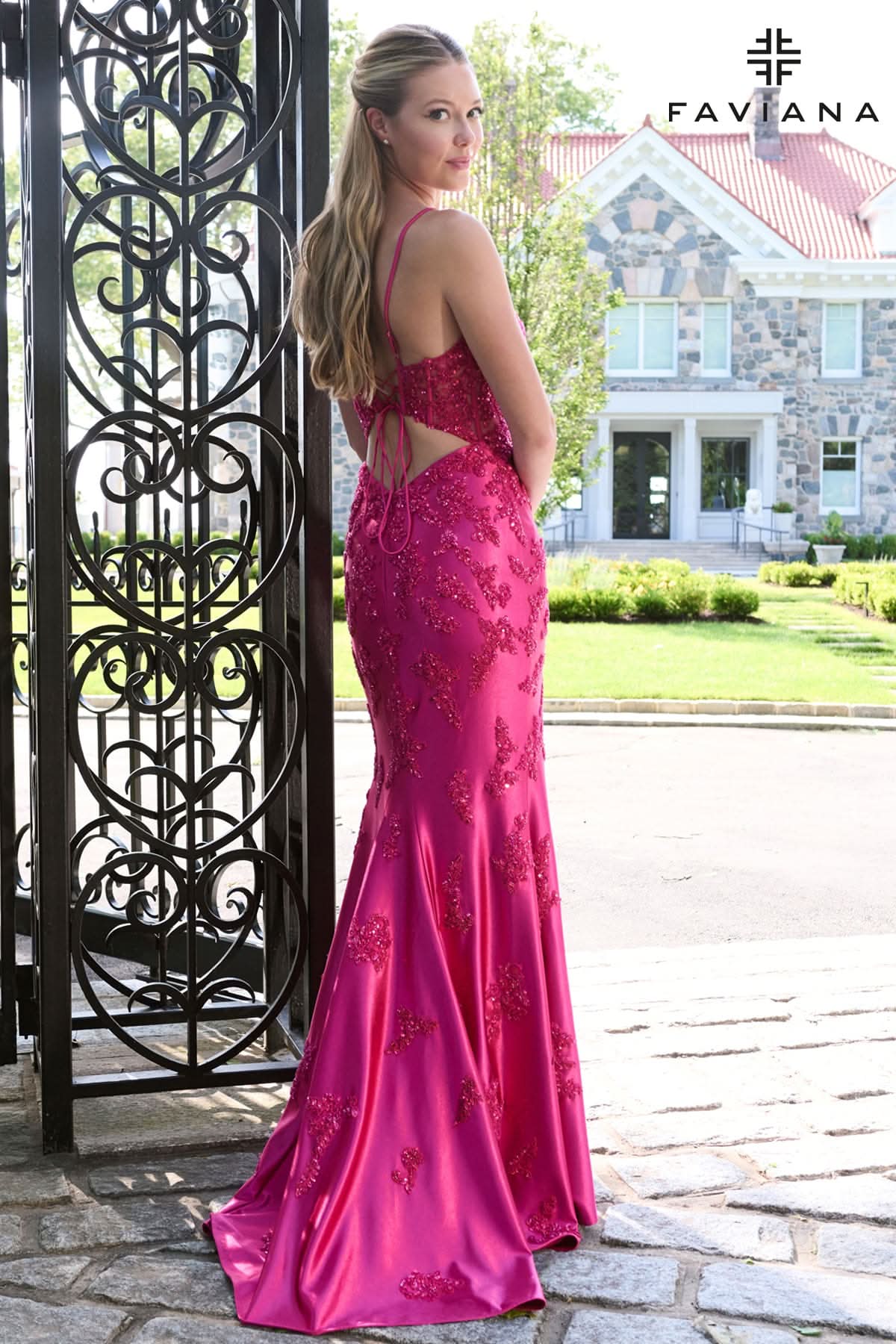 Raspberry Beaded Deep-V Stretch Satin Lace-Up Back Corset Gown | 11637 Raspberry Beaded Deep-V Stretch Satin Lace-Up Back Corset Gown | 11637