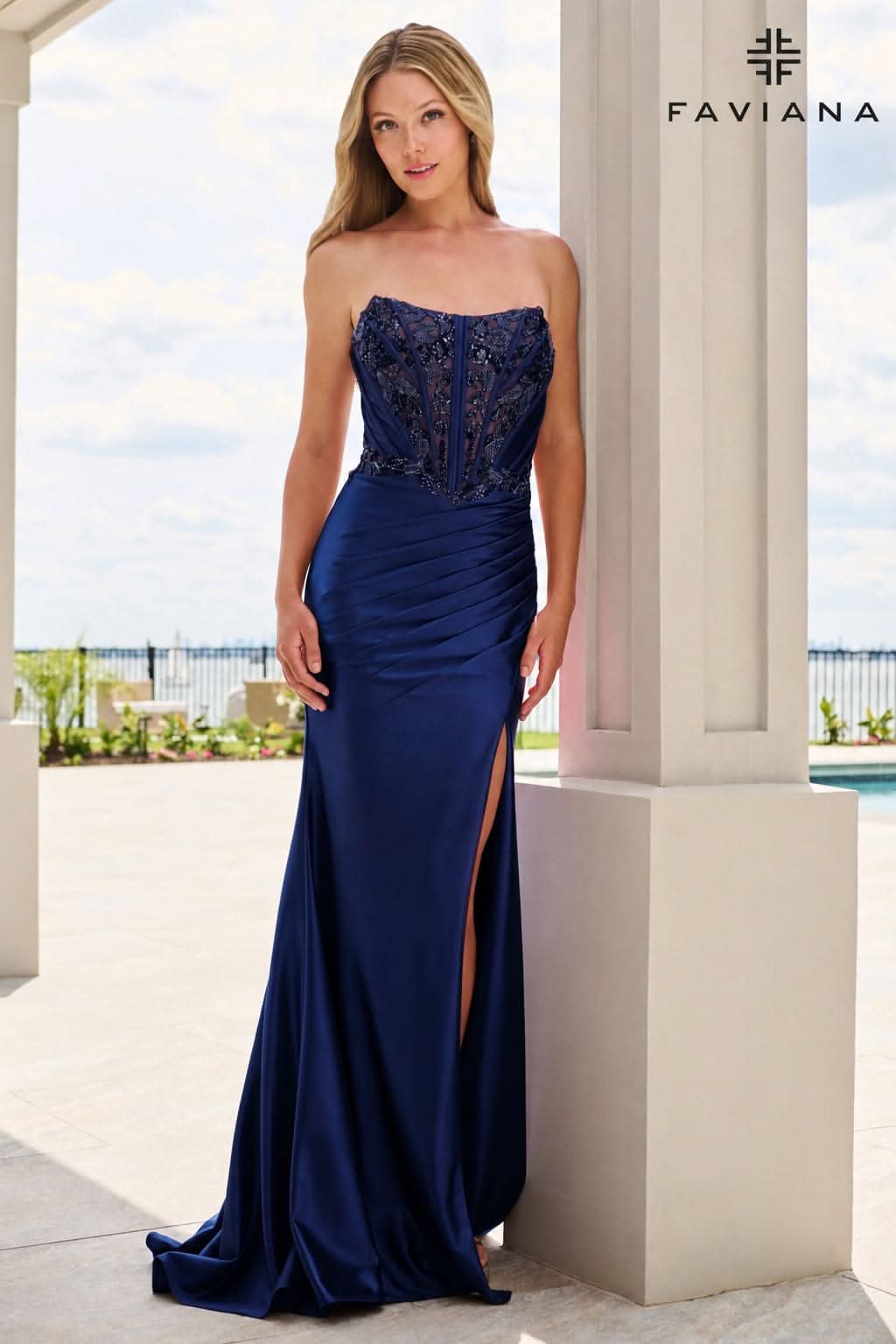Beaded Satin Strapless Plus Size Bustier Dress With Gathered Pleating | 11606 Beaded Satin Strapless Plus Size Bustier Dress With Gathered Pleating | 11606