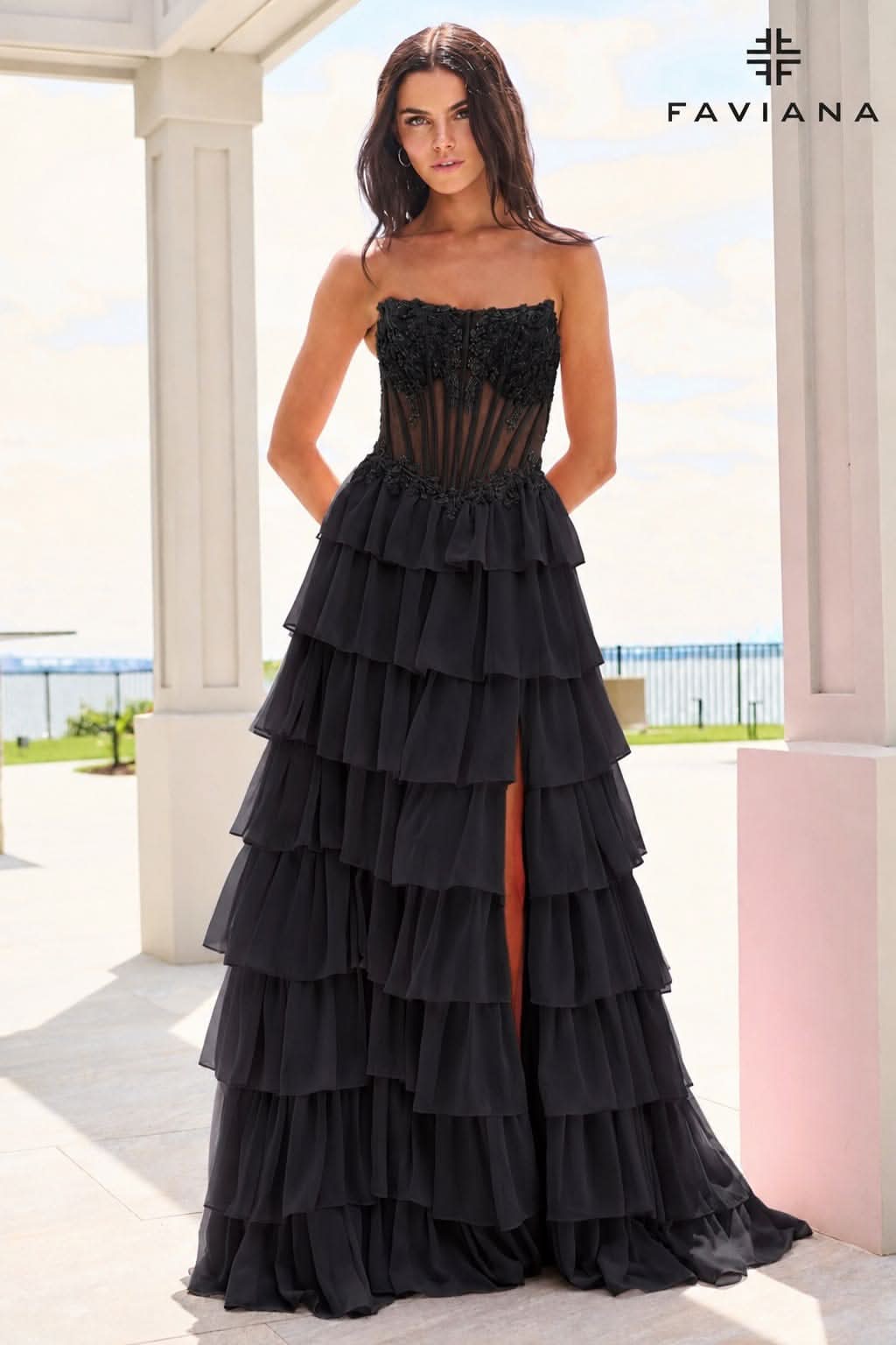 Chiffon Flowy Long Tiered Dress With Beaded Corset | 11629 Chiffon Flowy Long Tiered Dress With Beaded Corset | 11629