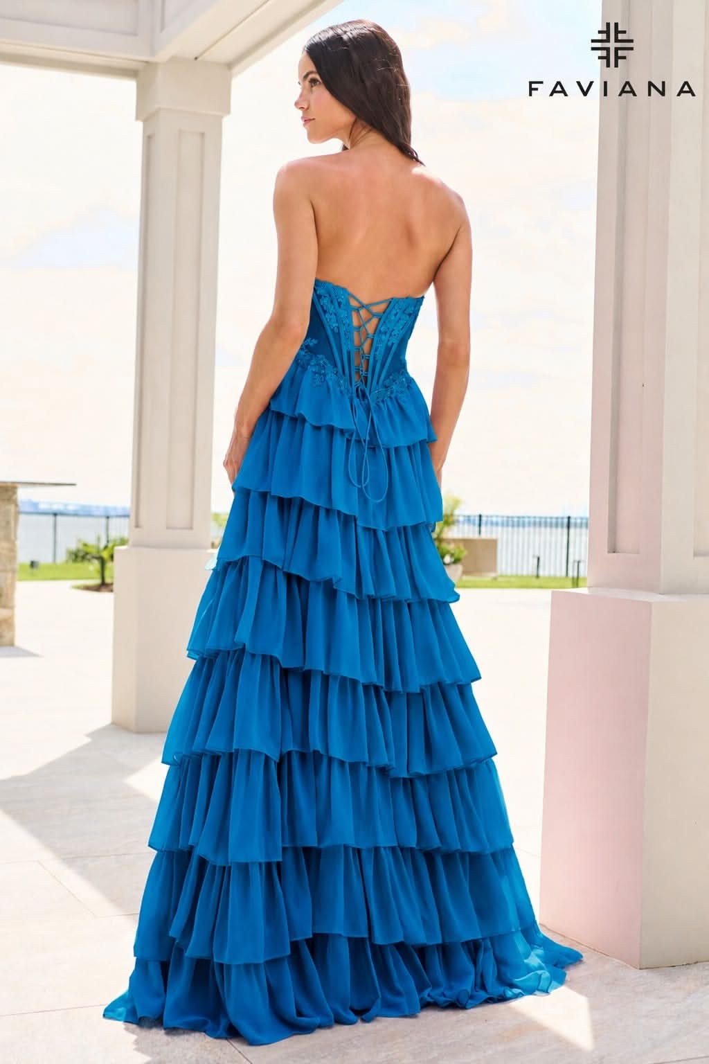 Ink Blue Chiffon Flowy Long Tiered Dress With Beaded Corset | 11629 Ink Blue Chiffon Flowy Long Tiered Dress With Beaded Corset | 11629