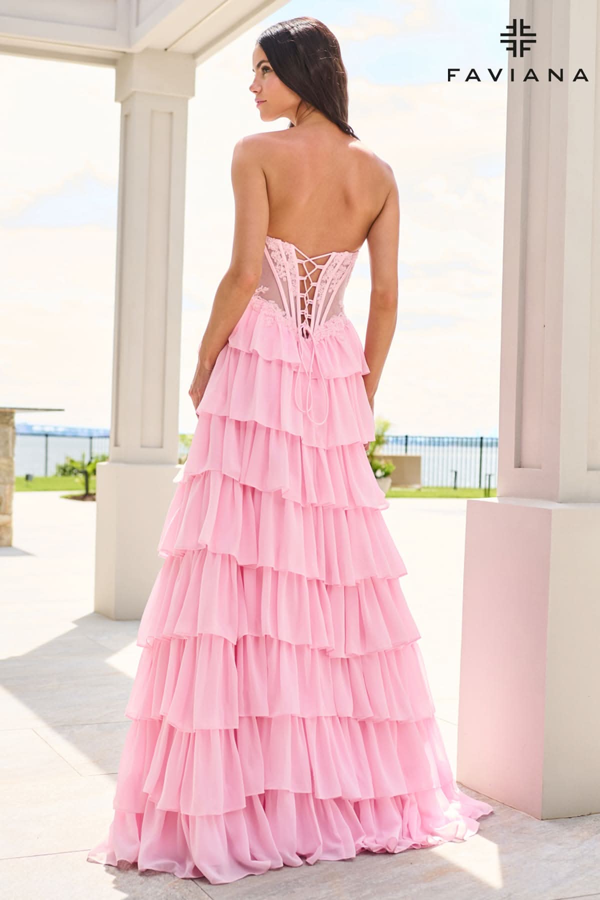 Red Chiffon Flowy Long Tiered Dress With Beaded Corset | 11629 Red Chiffon Flowy Long Tiered Dress With Beaded Corset | 11629