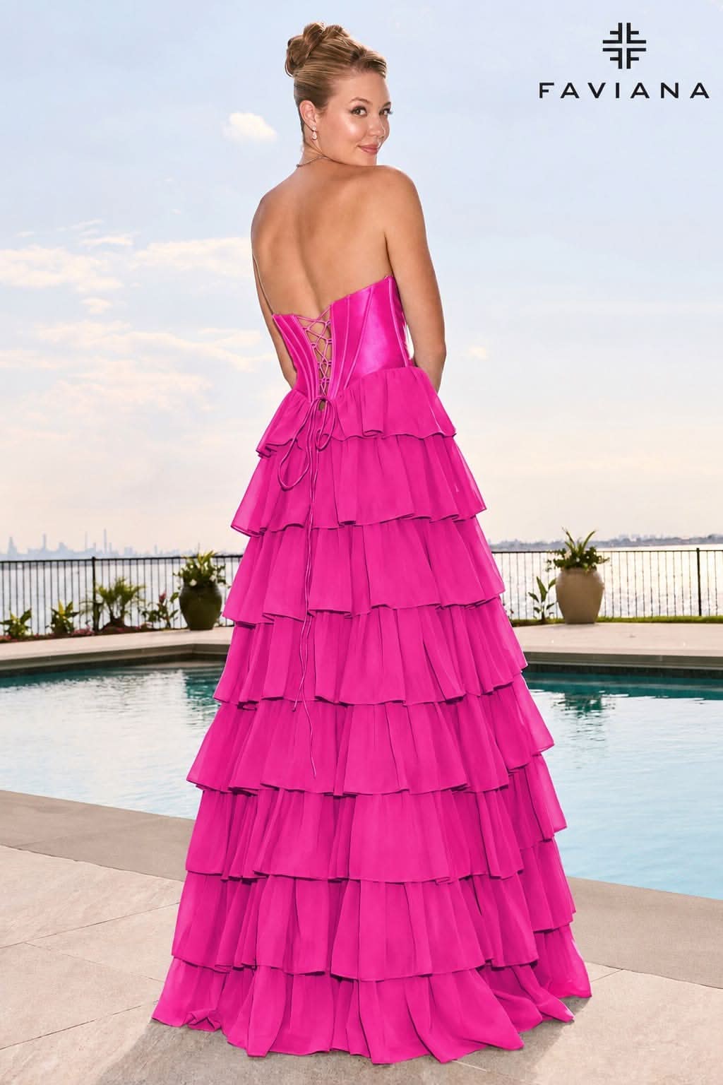 Light Pink Flowy Chiffon Tiered Gown With Pointed Satin Corset Top | 11631 Light Pink Flowy Chiffon Tiered Gown With Pointed Satin Corset Top | 11631