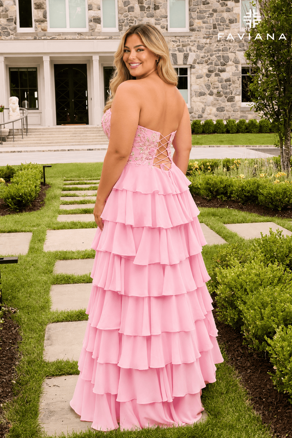Strapless Tiered Gown With Multicolored Floral Appliqué | 11675 Strapless Tiered Gown With Multicolored Floral Appliqué | 11675
