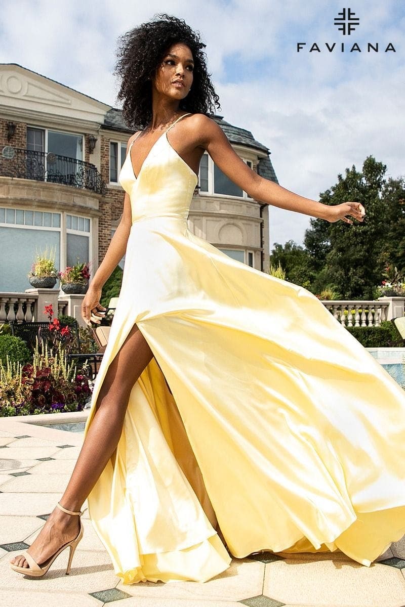 Yellow Silky Charmeuse Lace Up Back Prom Dress With Side Pockets | Faviana Yellow Silky Charmeuse Lace Up Back Prom Dress With Side Pockets | Faviana