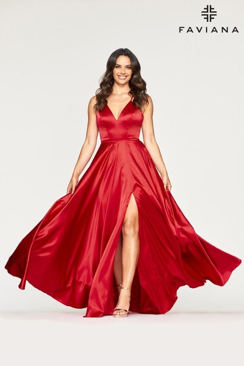 Red Silky Charmeuse Lace Up Back Prom Dress With Side Pockets | Faviana Red Silky Charmeuse Lace Up Back Prom Dress With Side Pockets | Faviana