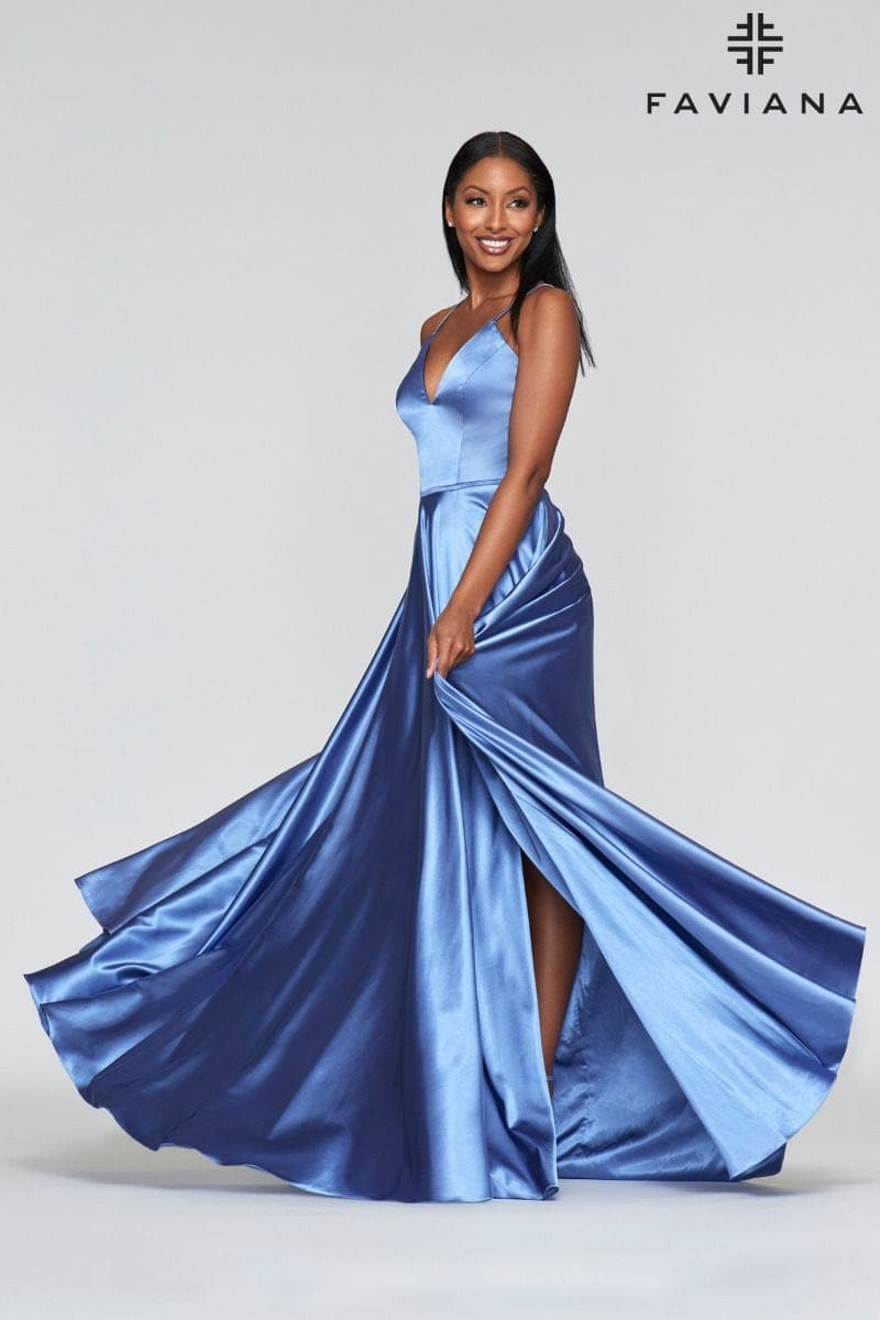 Blue Silky Charmeuse Lace Up Back Prom Dress With Side Pockets | Faviana Blue Silky Charmeuse Lace Up Back Prom Dress With Side Pockets | Faviana