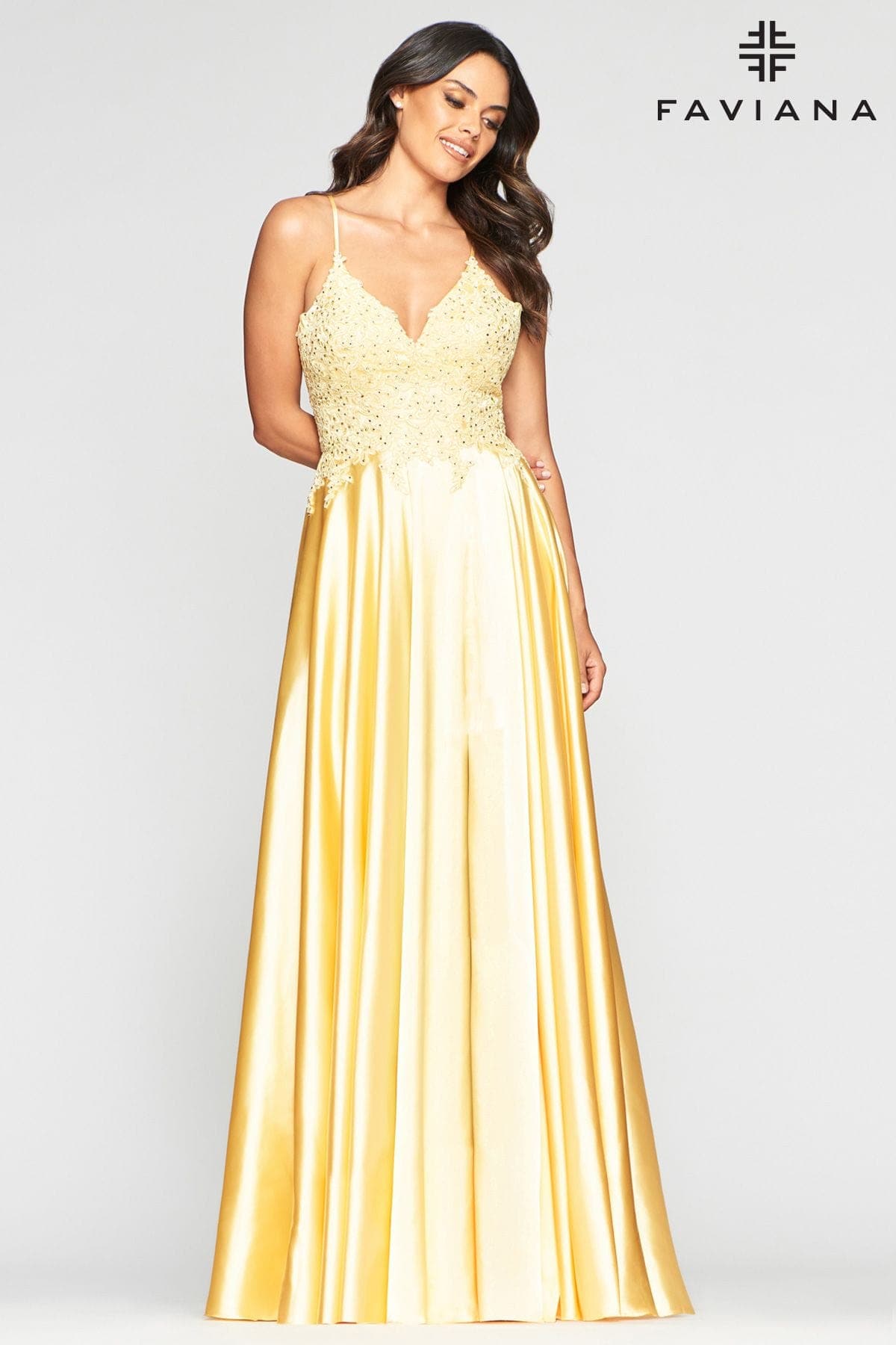 Yellow Long Flowy Prom Dress With Lace Bustier And Corset Back | Faviana Yellow Long Flowy Prom Dress With Lace Bustier And Corset Back | Faviana
