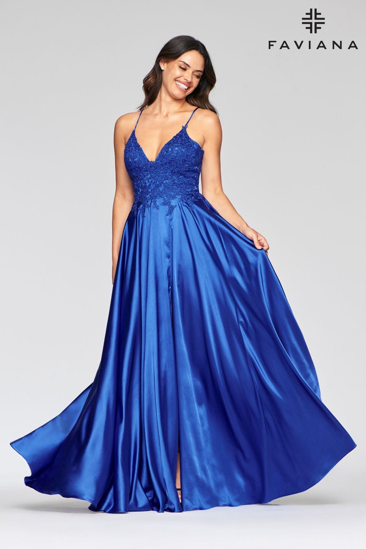Royal Blue Long Flowy Prom Dress With Lace Bustier And Corset Back | Faviana Royal Blue Long Flowy Prom Dress With Lace Bustier And Corset Back | Faviana