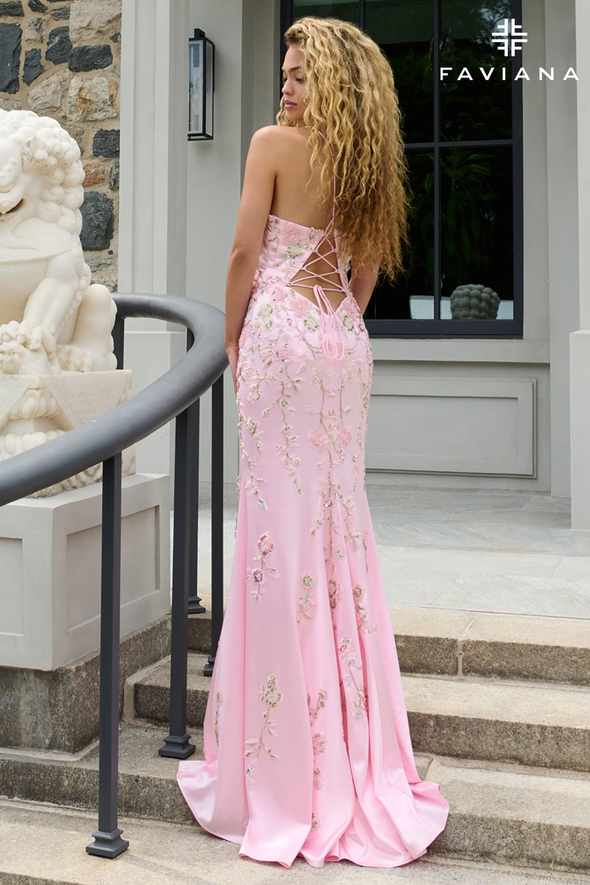 Satin V-Neck Long Dress With Multicolored Floral Appliqué | 11676 Satin V-Neck Long Dress With Multicolored Floral Appliqué | 11676