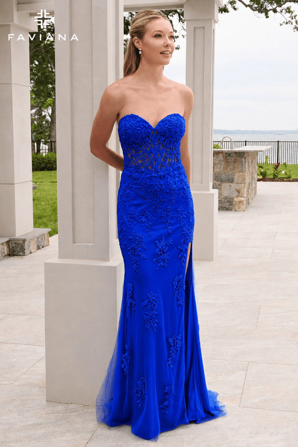 Strapless Lace Corset Dress With Shark Bite Leg Slit | 11664 Strapless Lace Corset Dress With Shark Bite Leg Slit | 11664