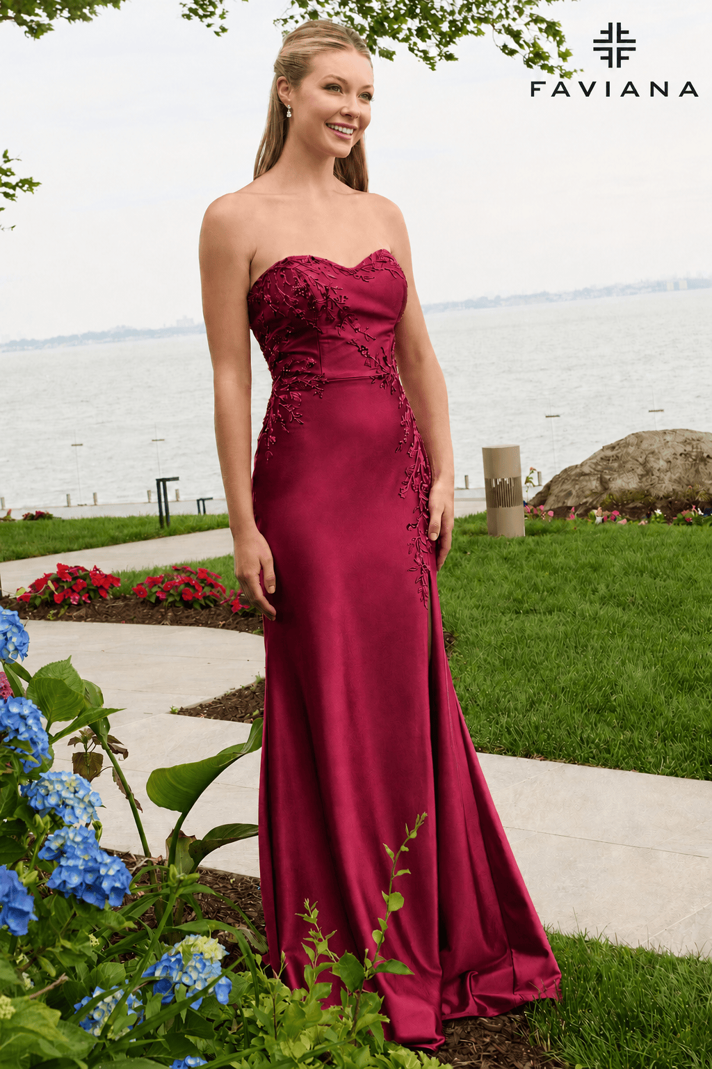Strapless Satin Dress With Asymmetrical Floral Beaded Detail | 11647 Strapless Satin Dress With Asymmetrical Floral Beaded Detail | 11647