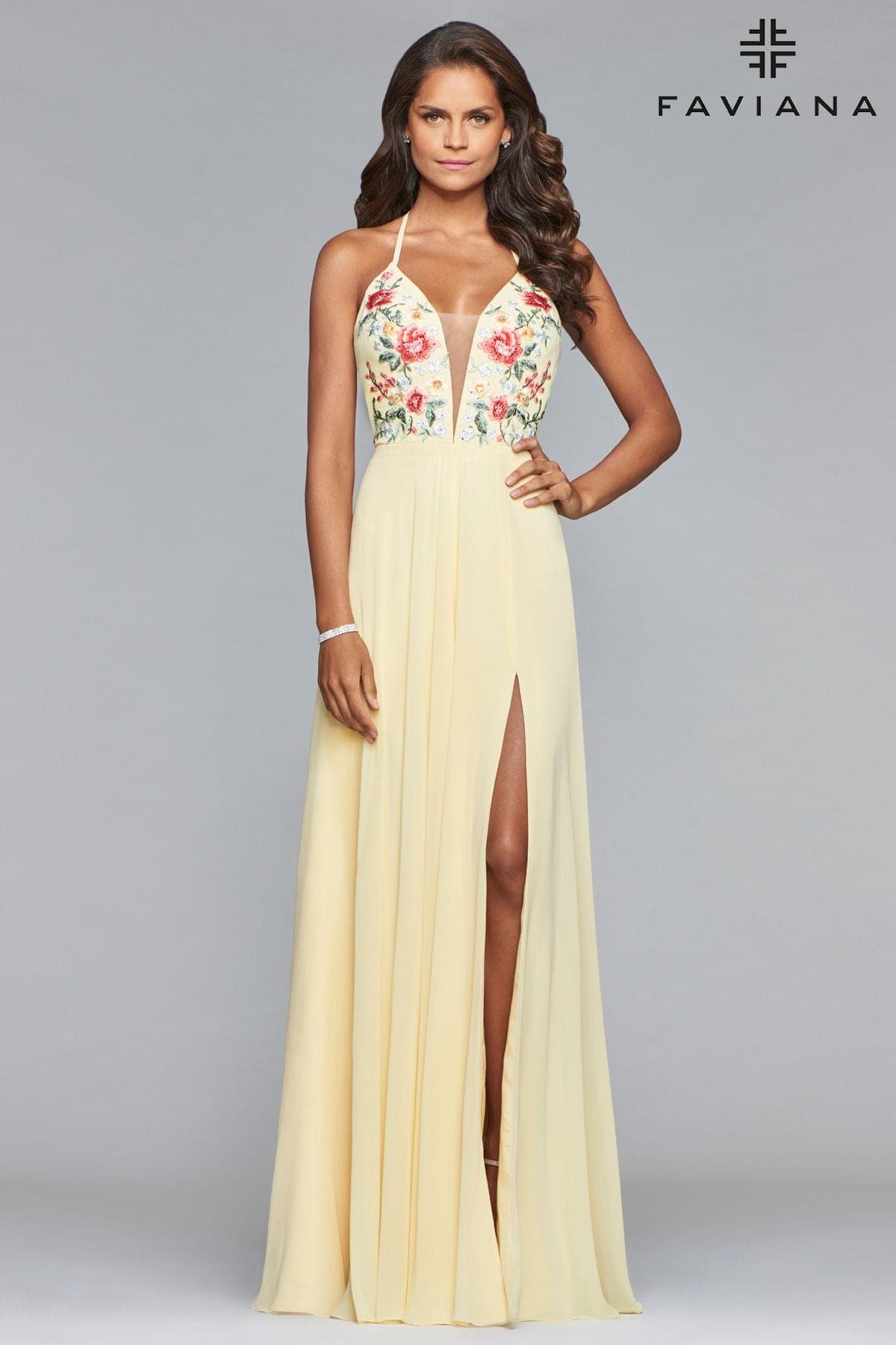 V Neck Long Chiffon Dress With Floral Embroidered Bodice | Faviana V Neck Long Chiffon Dress With Floral Embroidered Bodice | Faviana