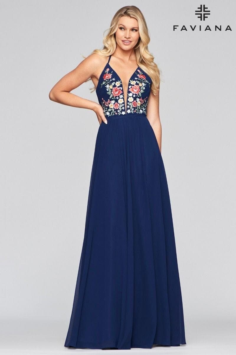 V Neck Long Chiffon Dress With Floral Embroidered Bodice V Neck Long Chiffon Dress With Floral Embroidered Bodice