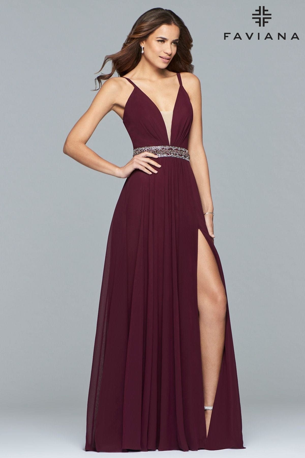 Long Chiffon V-Neck Dress With Beaded Waistband Long Chiffon V-Neck Dress With Beaded Waistband