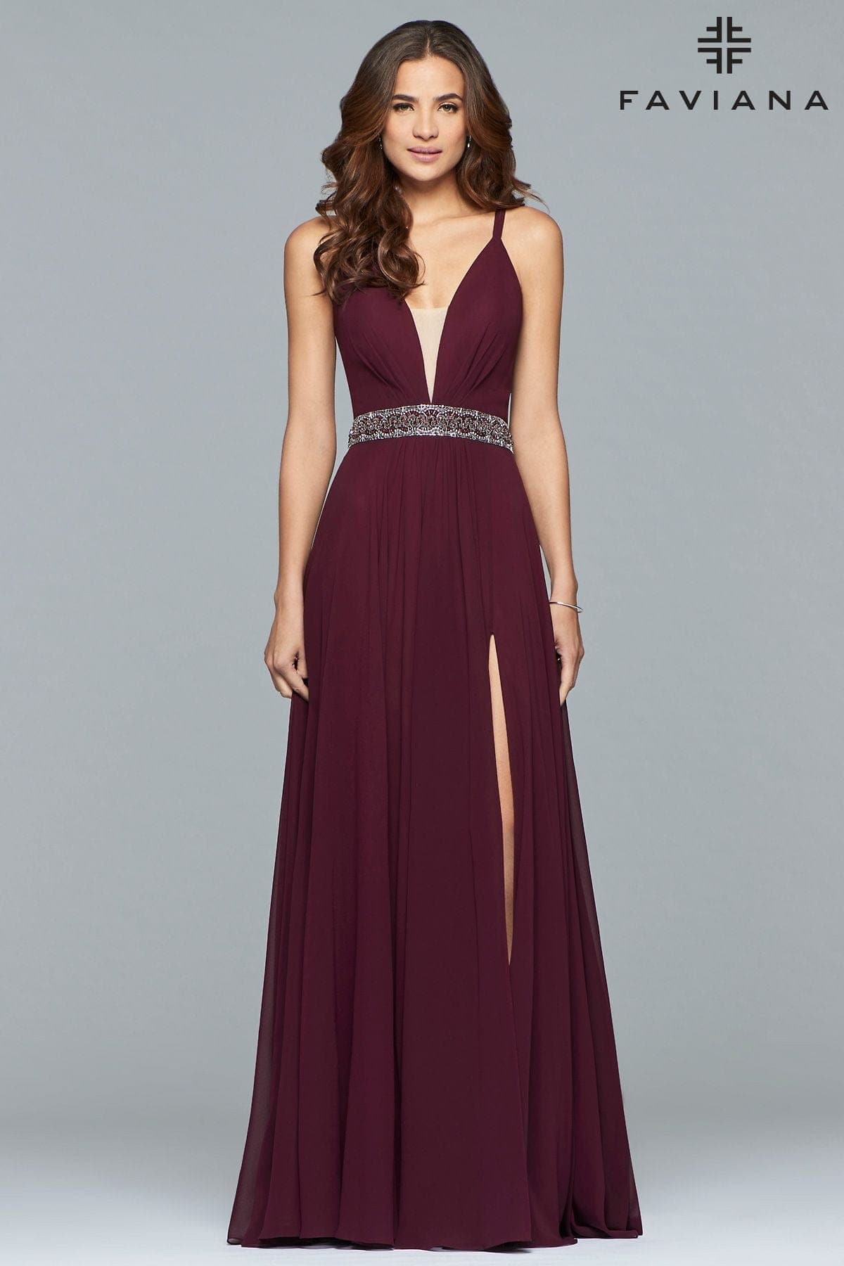 Long Chiffon V-Neck Dress With Beaded Waistband | Faviana Long Chiffon V-Neck Dress With Beaded Waistband | Faviana