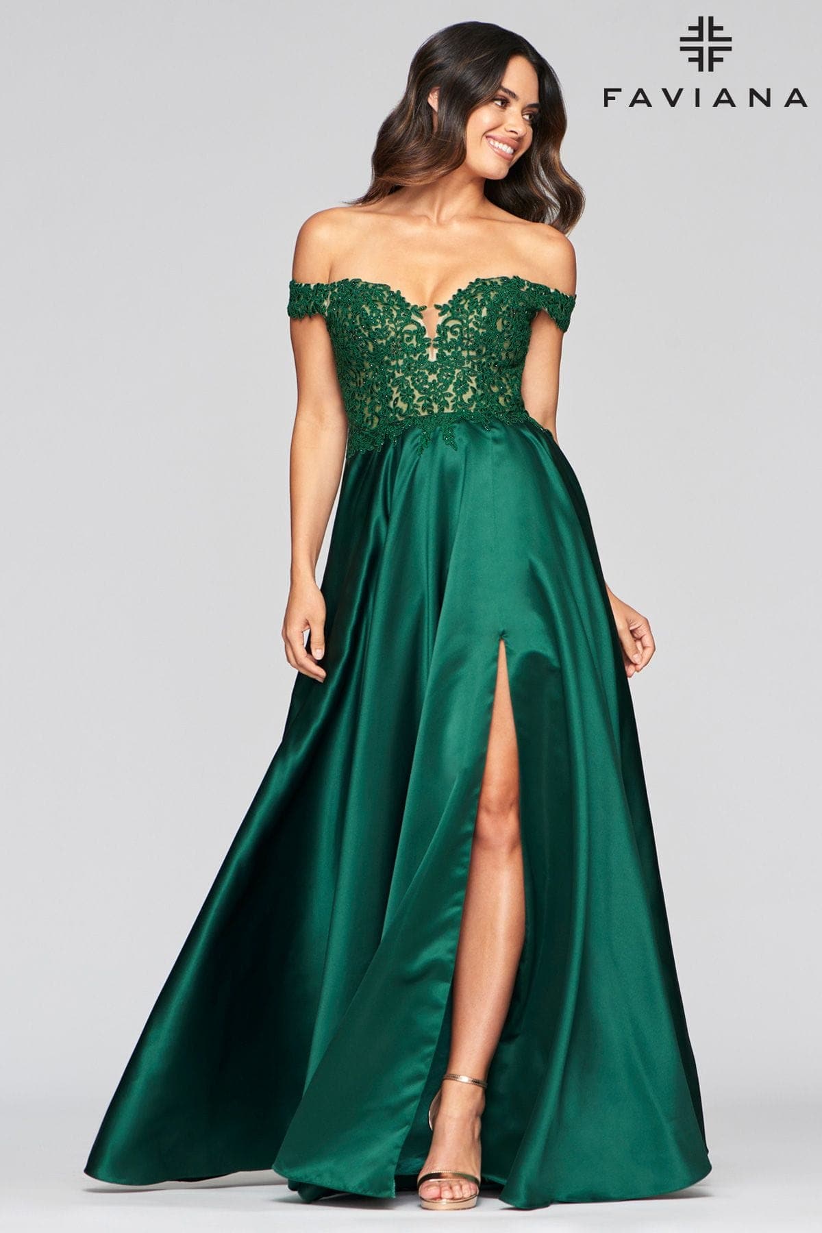 Off The Shoulder Ballgown Dress With Satin Skirt And Lace Bodice Off The Shoulder Ballgown Dress With Satin Skirt And Lace Bodice