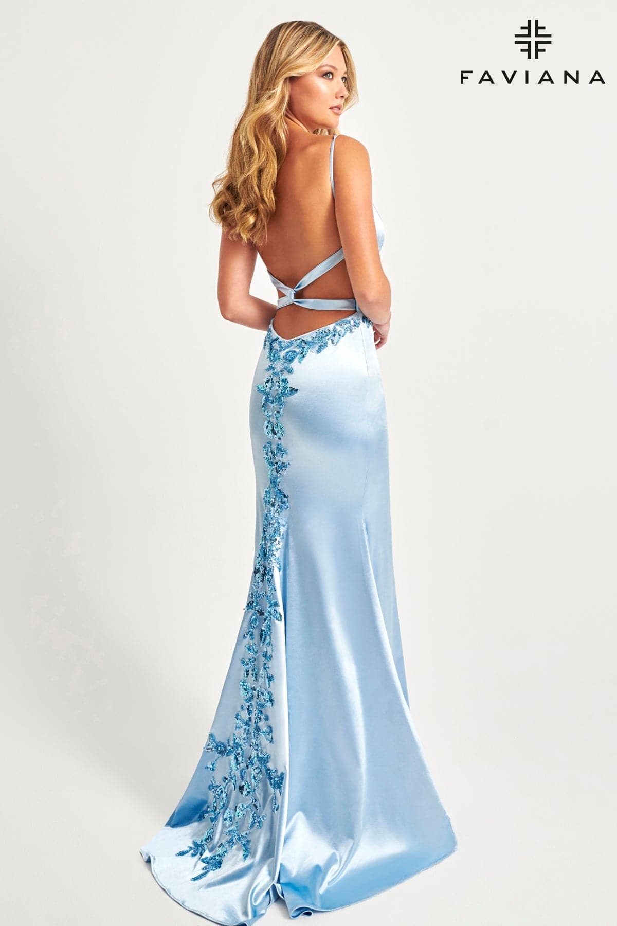 Satin V-Neck Long Dress With Cross-Back Detail And Beaded Appliqu | 1 Satin V-Neck Long Dress With Cross-Back Detail And Beaded Appliqu | 1