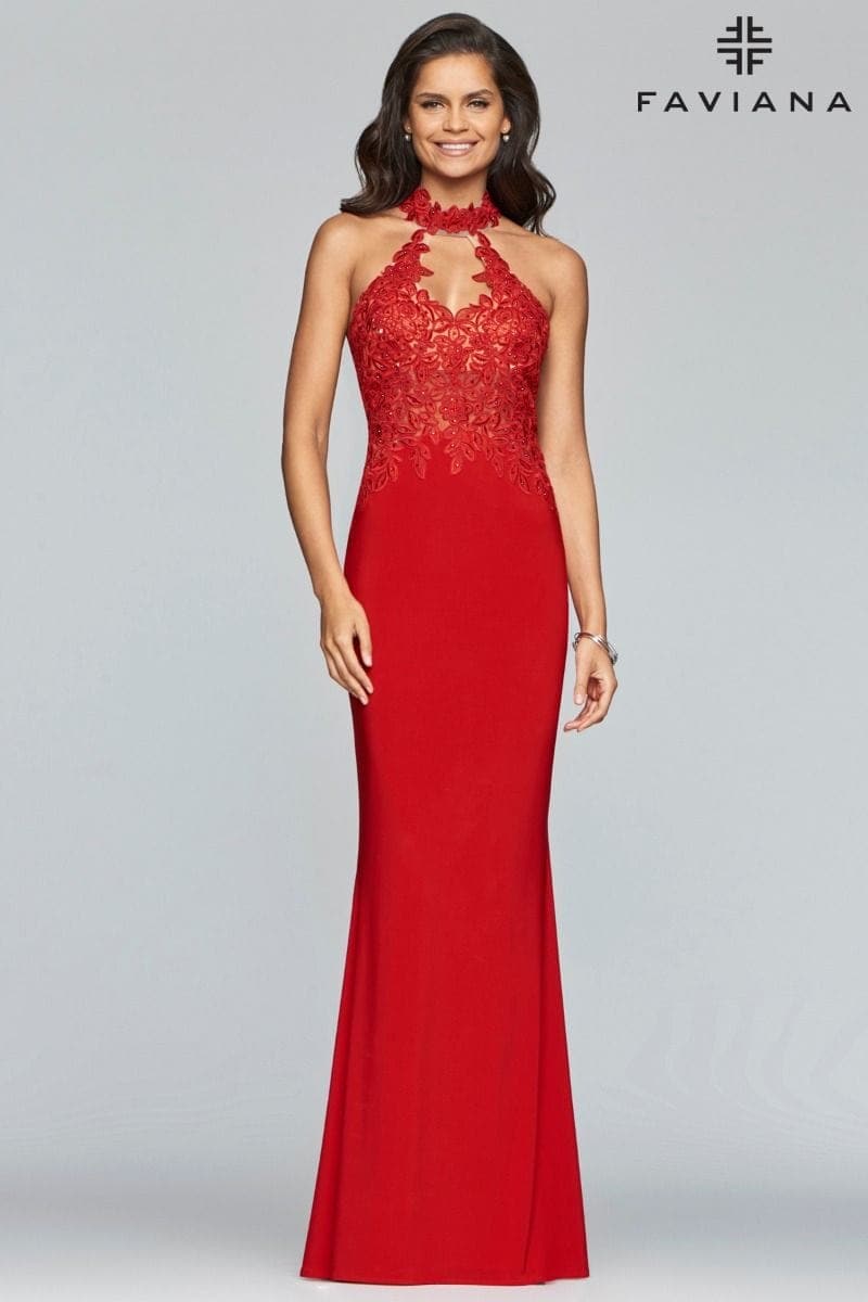 Jersey Halter Evening Dress With Lace Applique Bodice And Choker Jersey Halter Evening Dress With Lace Applique Bodice And Choker