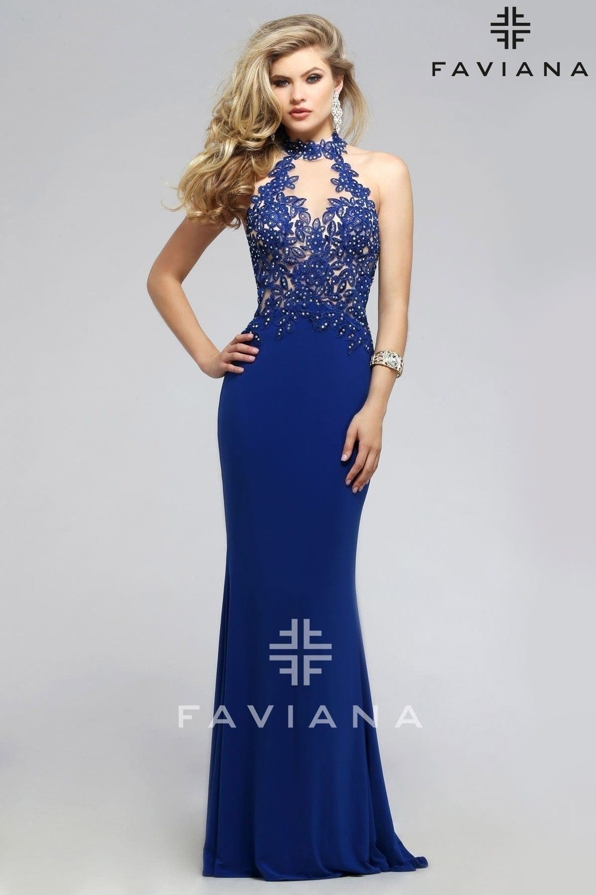 Jersey Halter Evening Dress With Lace Applique Bodice And Choker | Faviana Jersey Halter Evening Dress With Lace Applique Bodice And Choker | Faviana