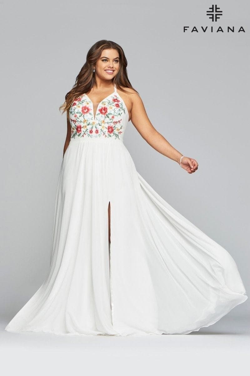 Plus Size Long Chiffon V Neck Dress With Floral Applique Embroidery | Faviana Plus Size Long Chiffon V Neck Dress With Floral Applique Embroidery | Faviana