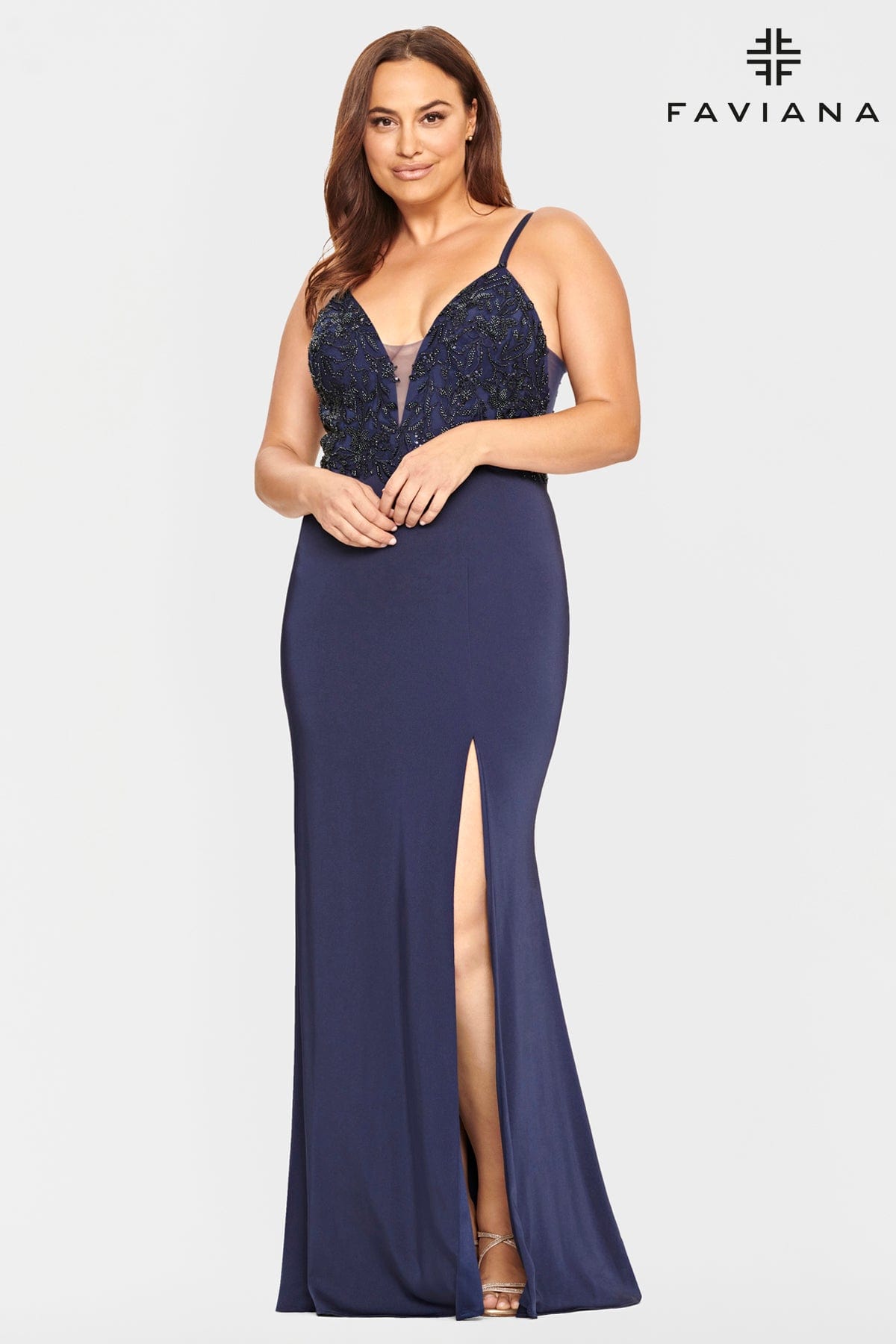 Plus Size V Neck Long Dress Featuring Applique Bodice | Faviana Plus Size V Neck Long Dress Featuring Applique Bodice | Faviana