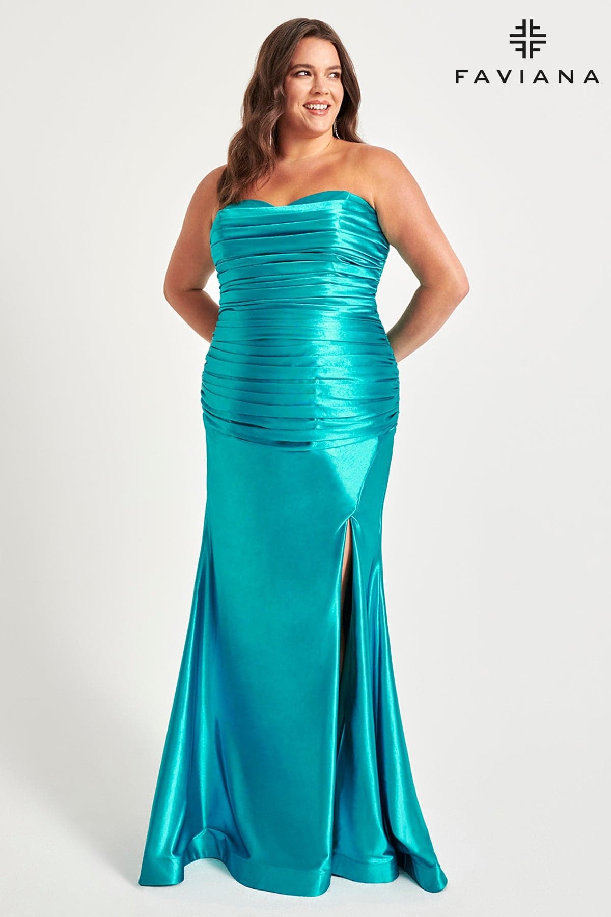 Stretch Satin Plus Size Strapless Dress With Ruching Detail | 9545 Stretch Satin Plus Size Strapless Dress With Ruching Detail | 9545