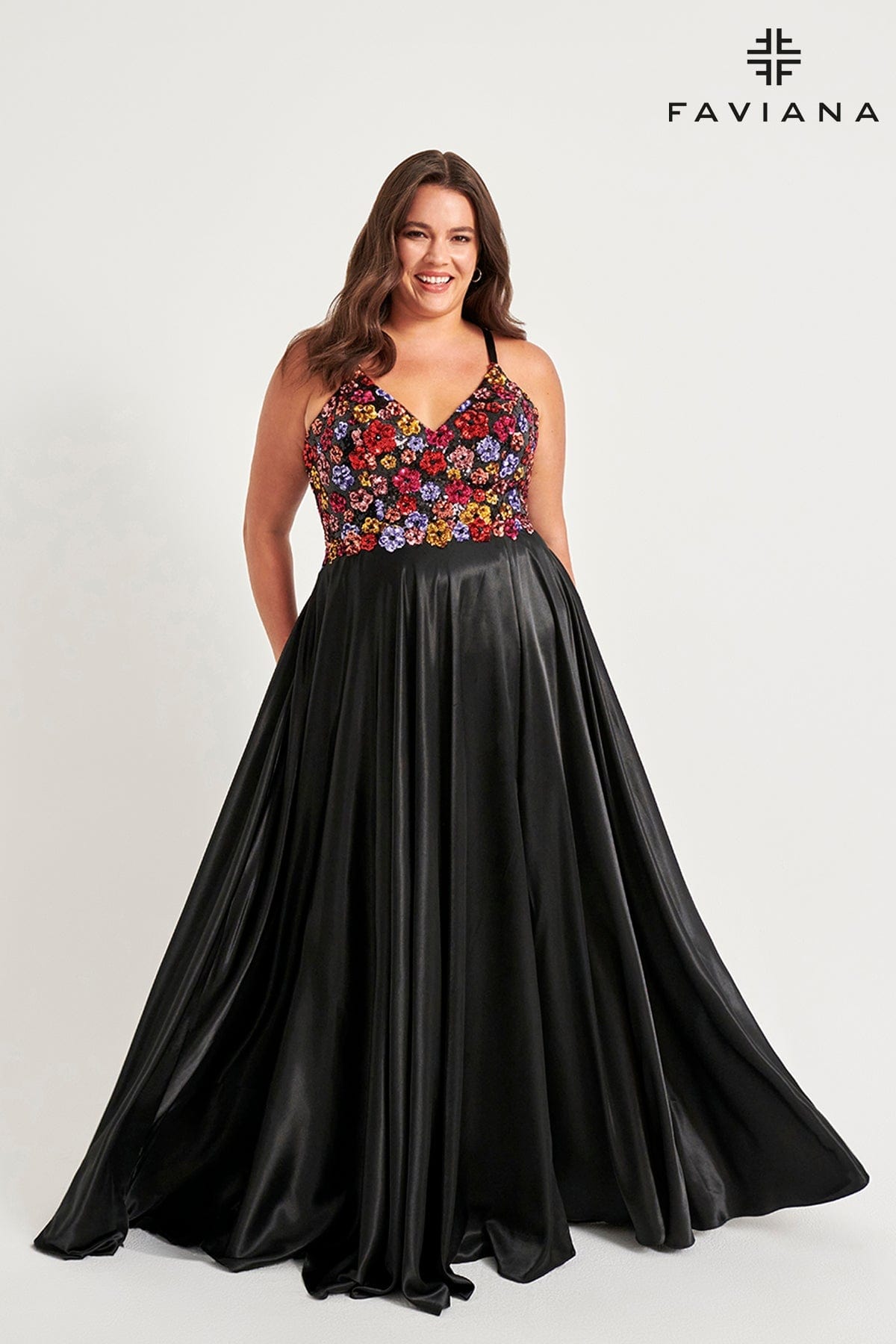 Plus Size Flowy Prom Dress With Silky Skirt And Floral Sequin Bustier Plus Size Flowy Prom Dress With Silky Skirt And Floral Sequin Bustier