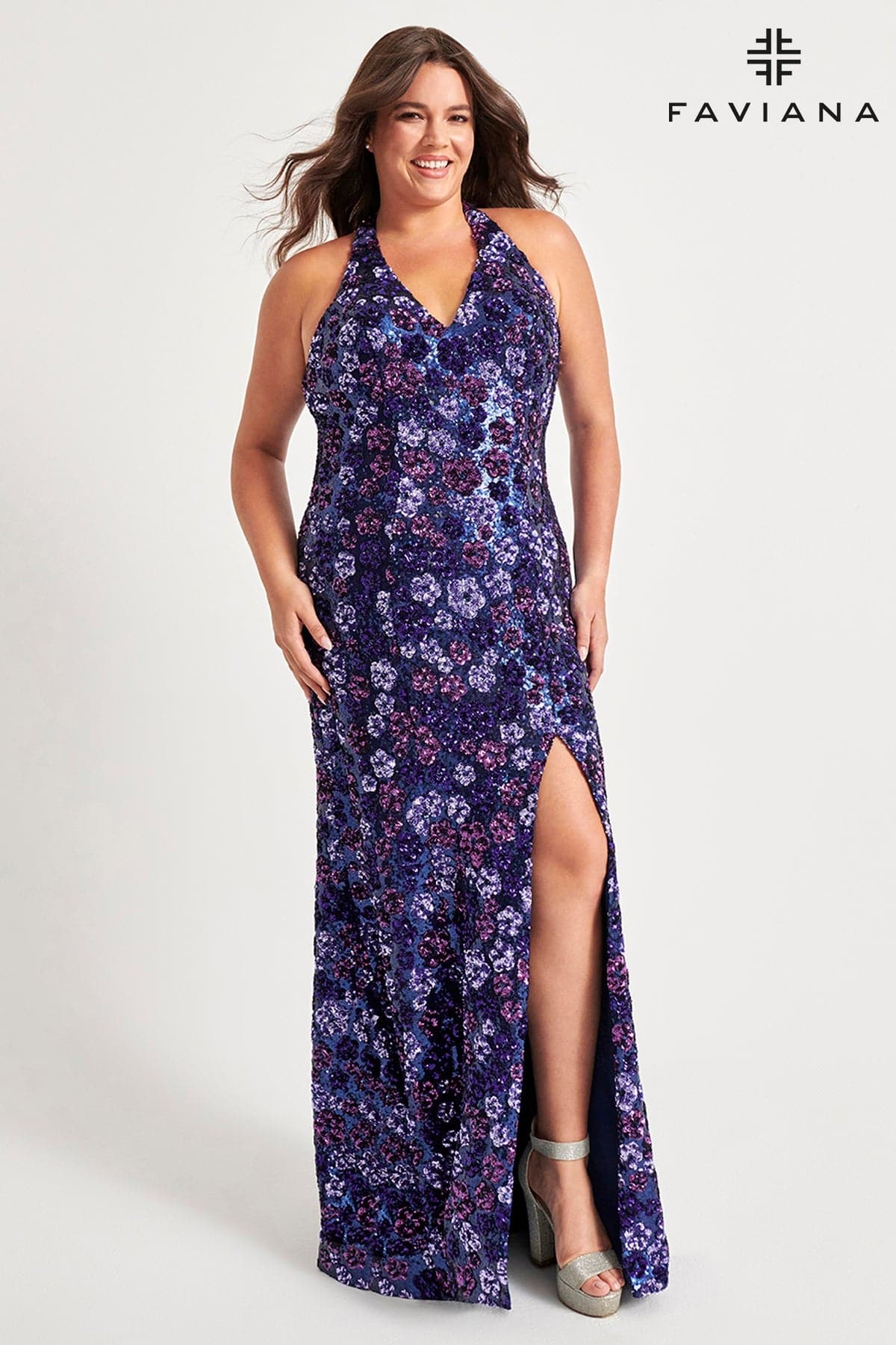 Sequin Halter Neck Plus Size Dress With Floral Design | 9560 Sequin Halter Neck Plus Size Dress With Floral Design | 9560