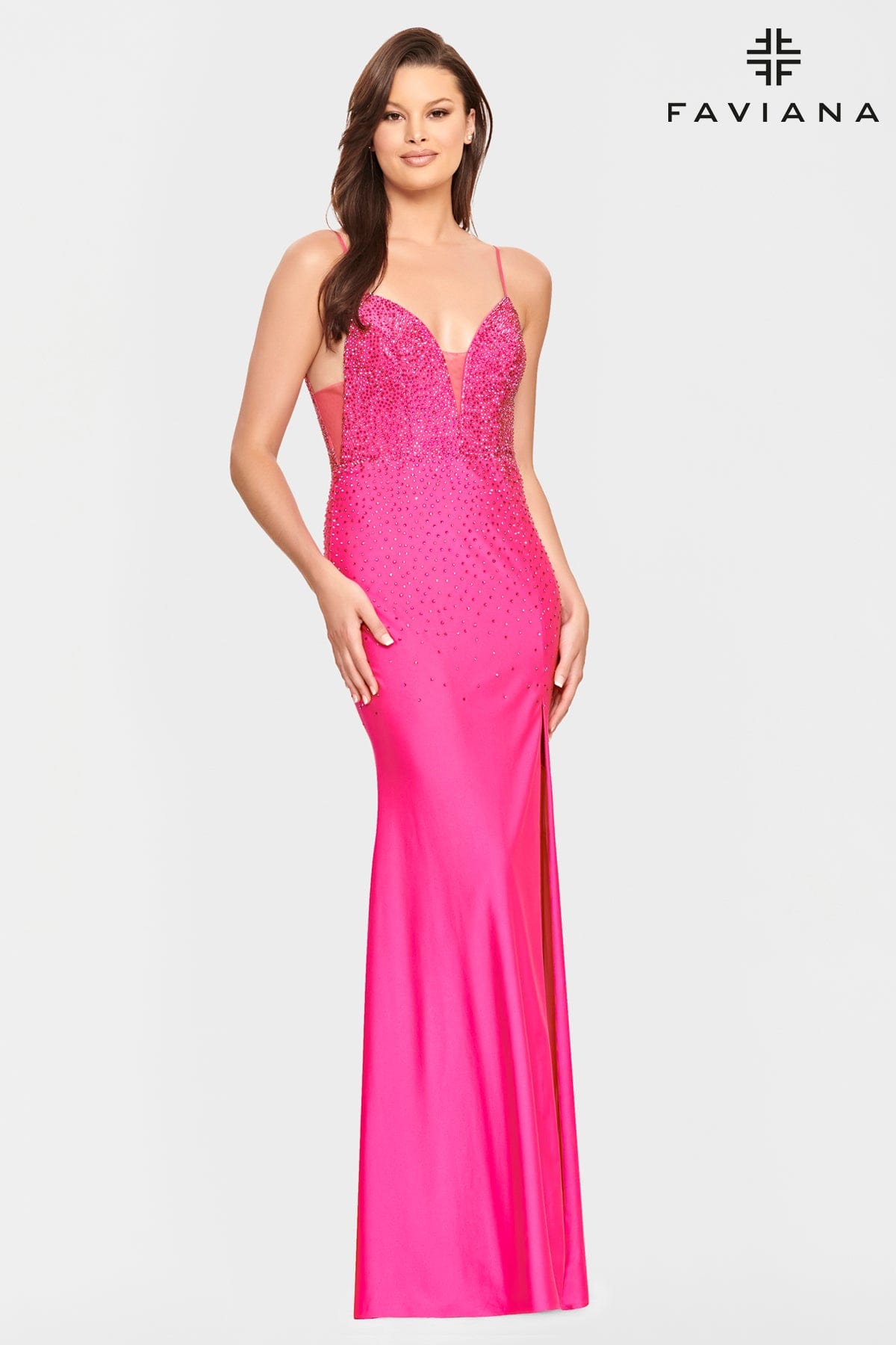 Tight Long Beaded Prom Dress With Deep V Neck And Mesh Side Panels | Faviana Tight Long Beaded Prom Dress With Deep V Neck And Mesh Side Panels | Faviana
