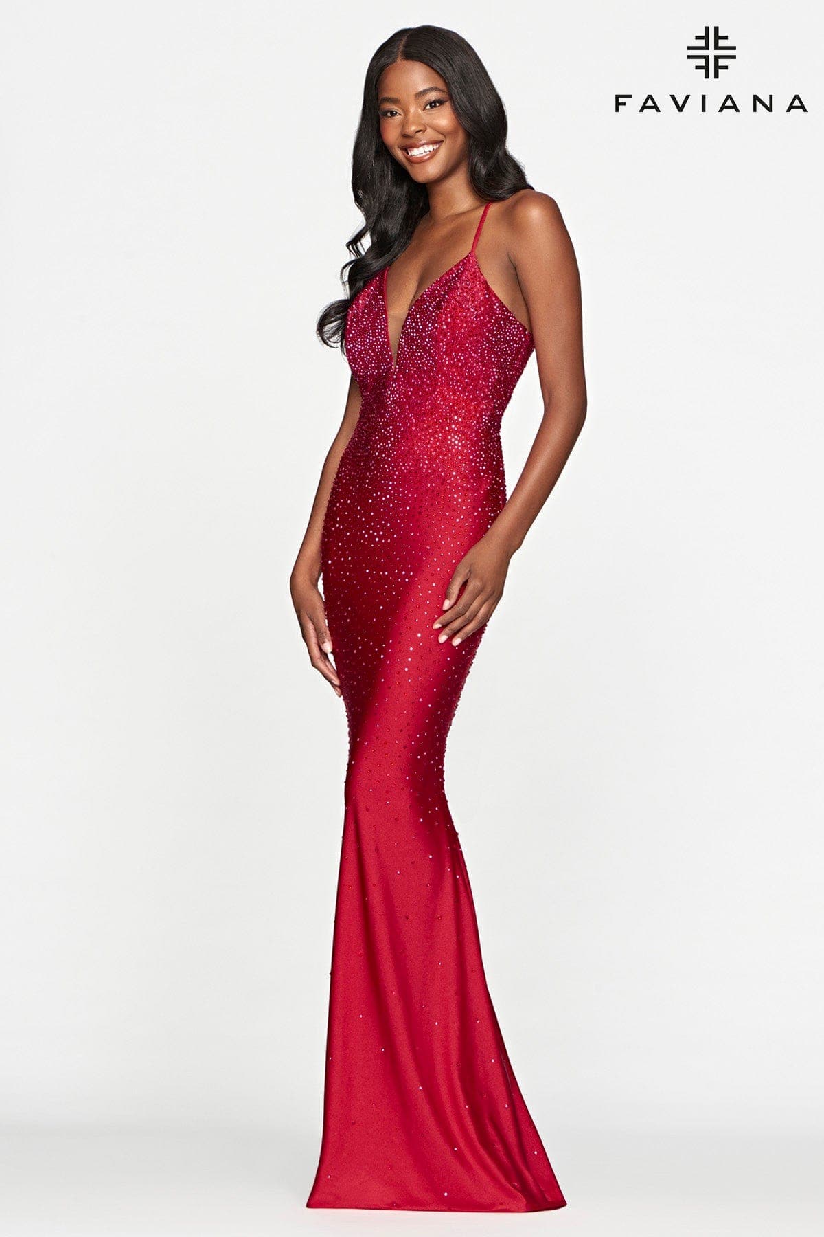 V Neck Prom Dress With Rhinestone Beading | Faviana V Neck Prom Dress With Rhinestone Beading | Faviana