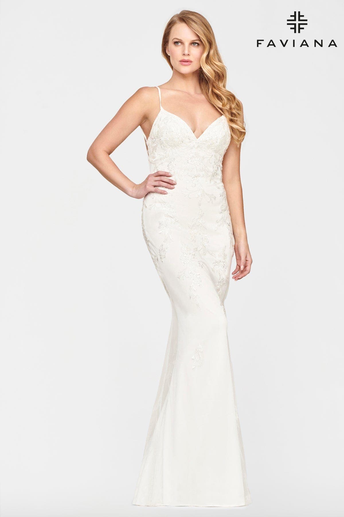 Beaded Lace Long V Neck Dress With Open Back | S10633