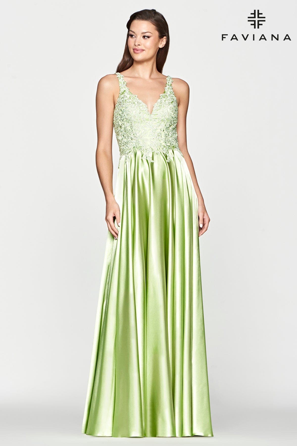 Long Charmeuse Dress With V Cut Back And Embroidered Bodice | Faviana Long Charmeuse Dress With V Cut Back And Embroidered Bodice | Faviana
