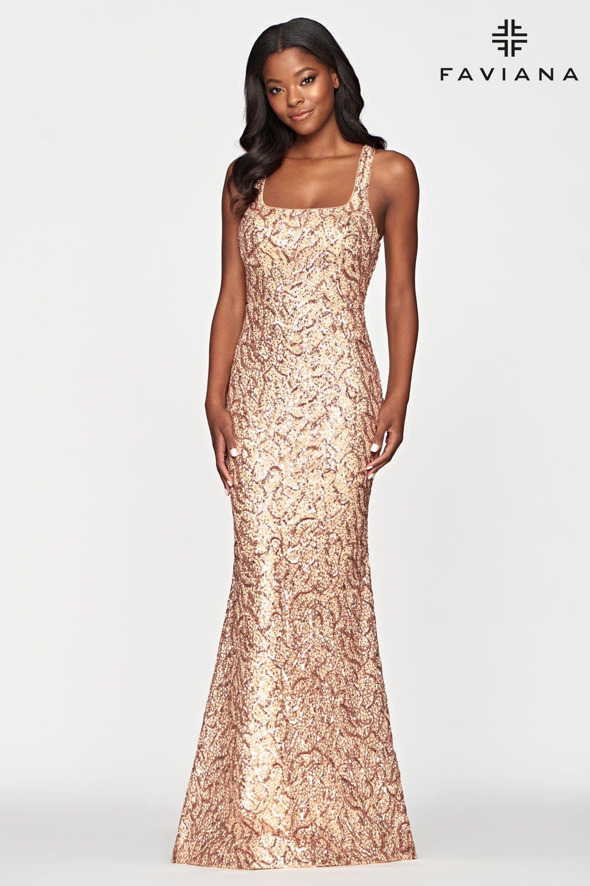 Sequin Dress With Square Neckline And Crossed Back | Faviana Sequin Dress With Square Neckline And Crossed Back | Faviana