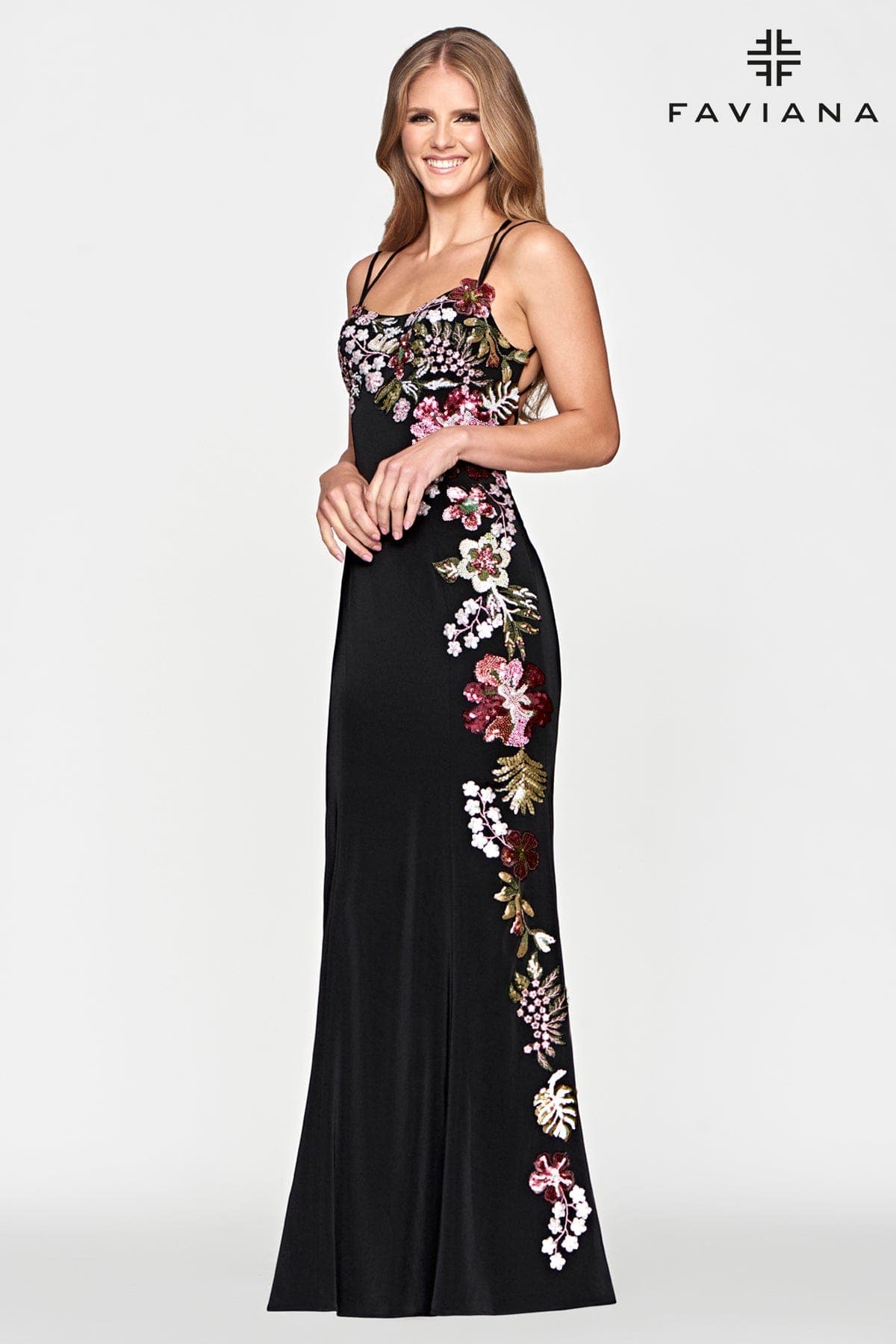 Sequin Applique Stretch Satin Long Dress With Open Lace Back | Faviana Sequin Applique Stretch Satin Long Dress With Open Lace Back | Faviana