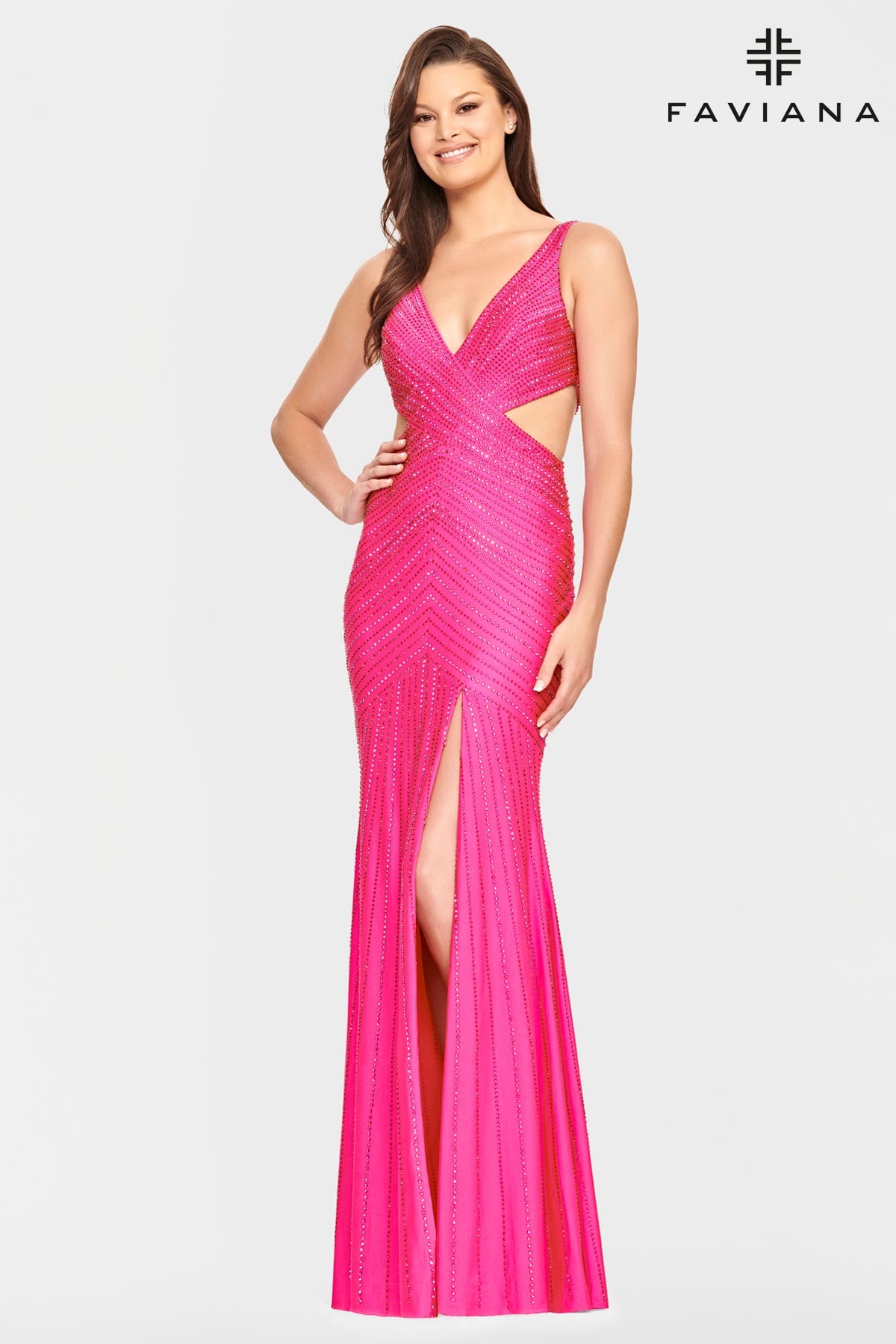 V Neck Prom Dress With Patterned Beading And Side Cutouts | Faviana V Neck Prom Dress With Patterned Beading And Side Cutouts | Faviana