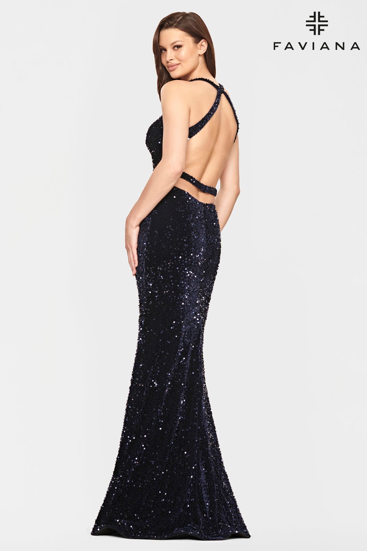 Long Velvet Sequin Prom Dress With Halter Neckline And Cutouts
