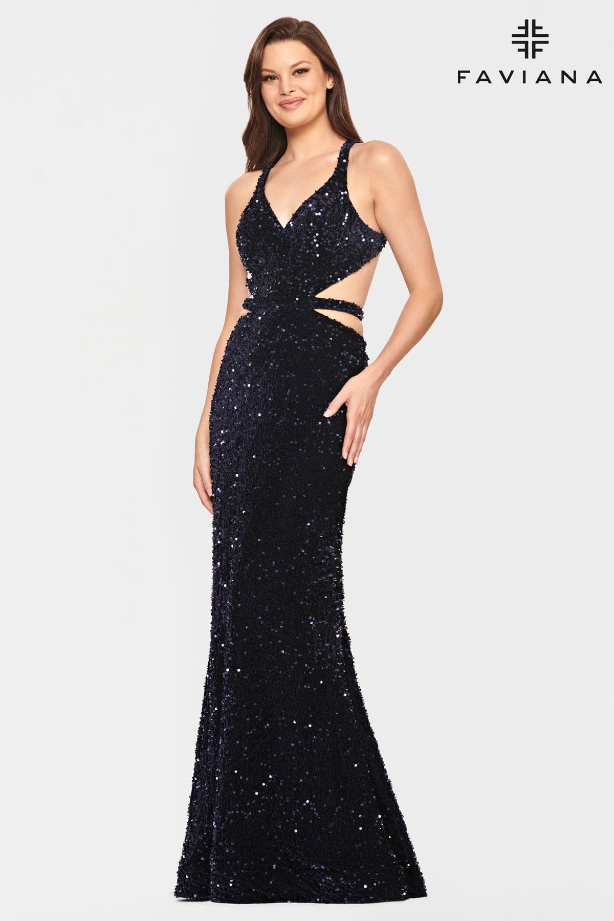 Long Velvet Sequin Prom Dress With Halter Neckline And Cutouts | Faviana Long Velvet Sequin Prom Dress With Halter Neckline And Cutouts | Faviana